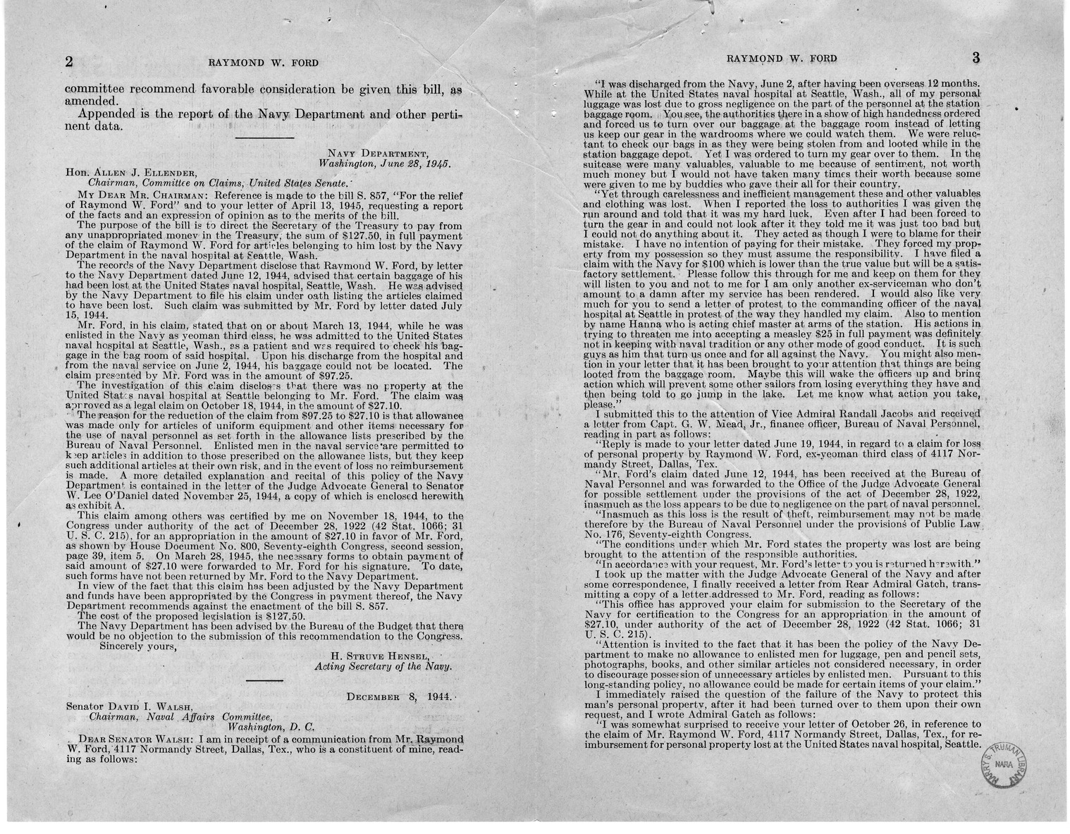 Memorandum from Paul H. Appleby to M. C. Latta, H.R. 857, For the Relief of Raymond W. Ford, with Attachments