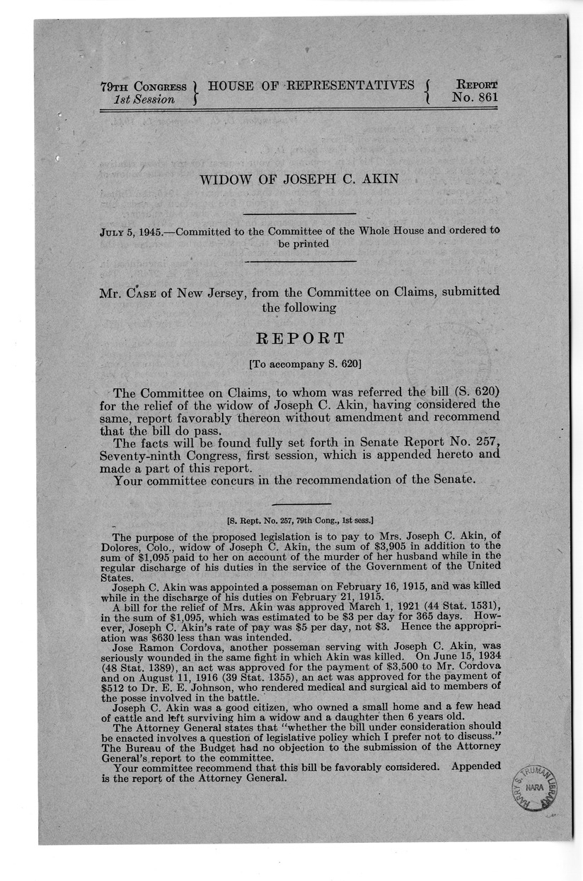 Memorandum from Frederick J. Bailey to M. C. Latta, S. 620, For the Relief of the Widow of Joseph C. Akin, with Attachments
