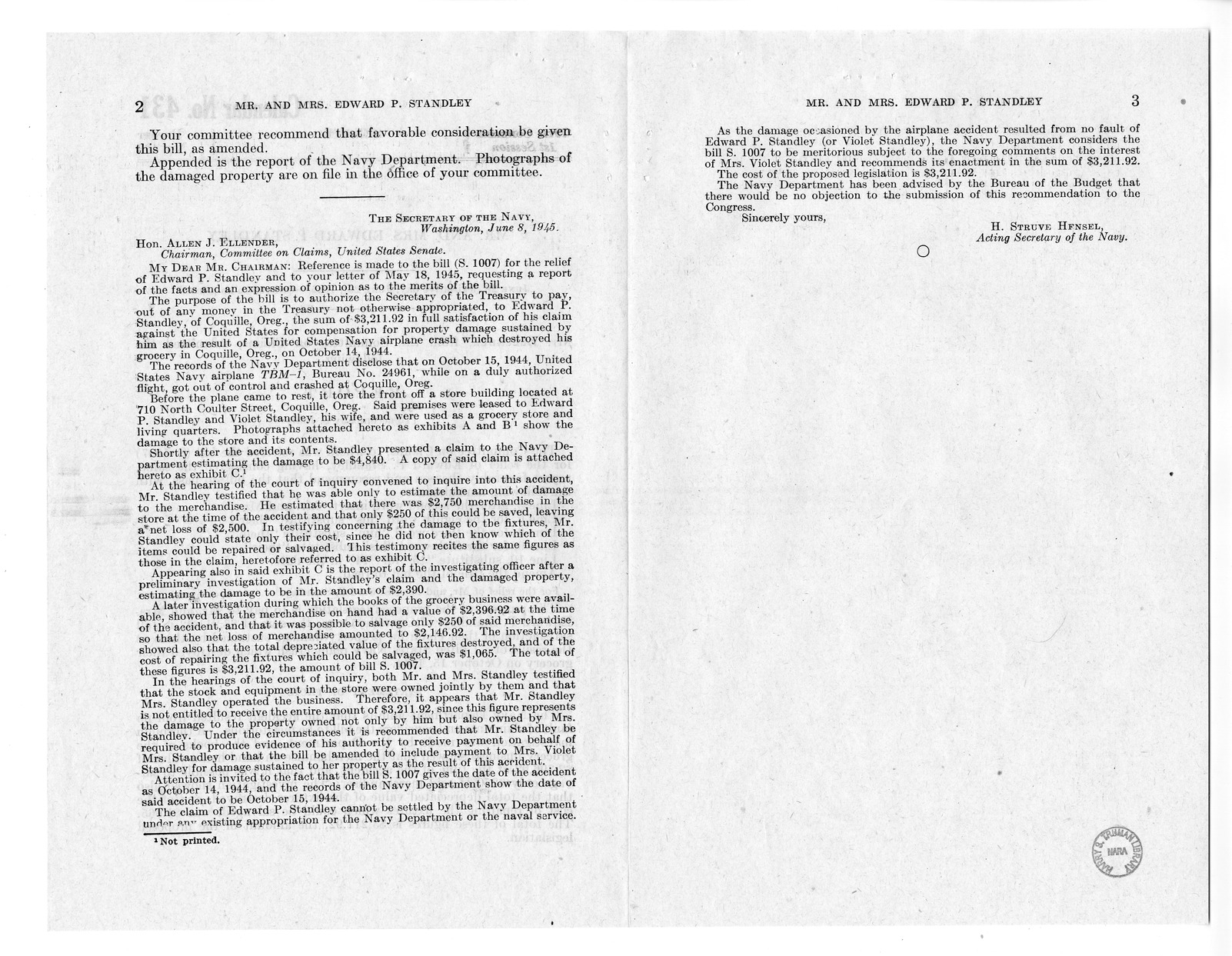 Memorandum from Frederick J. Bailey to M. C. Latta, S. 1007, For the Relief of Mr. and Mrs. Edward P. Standley, with Attachments