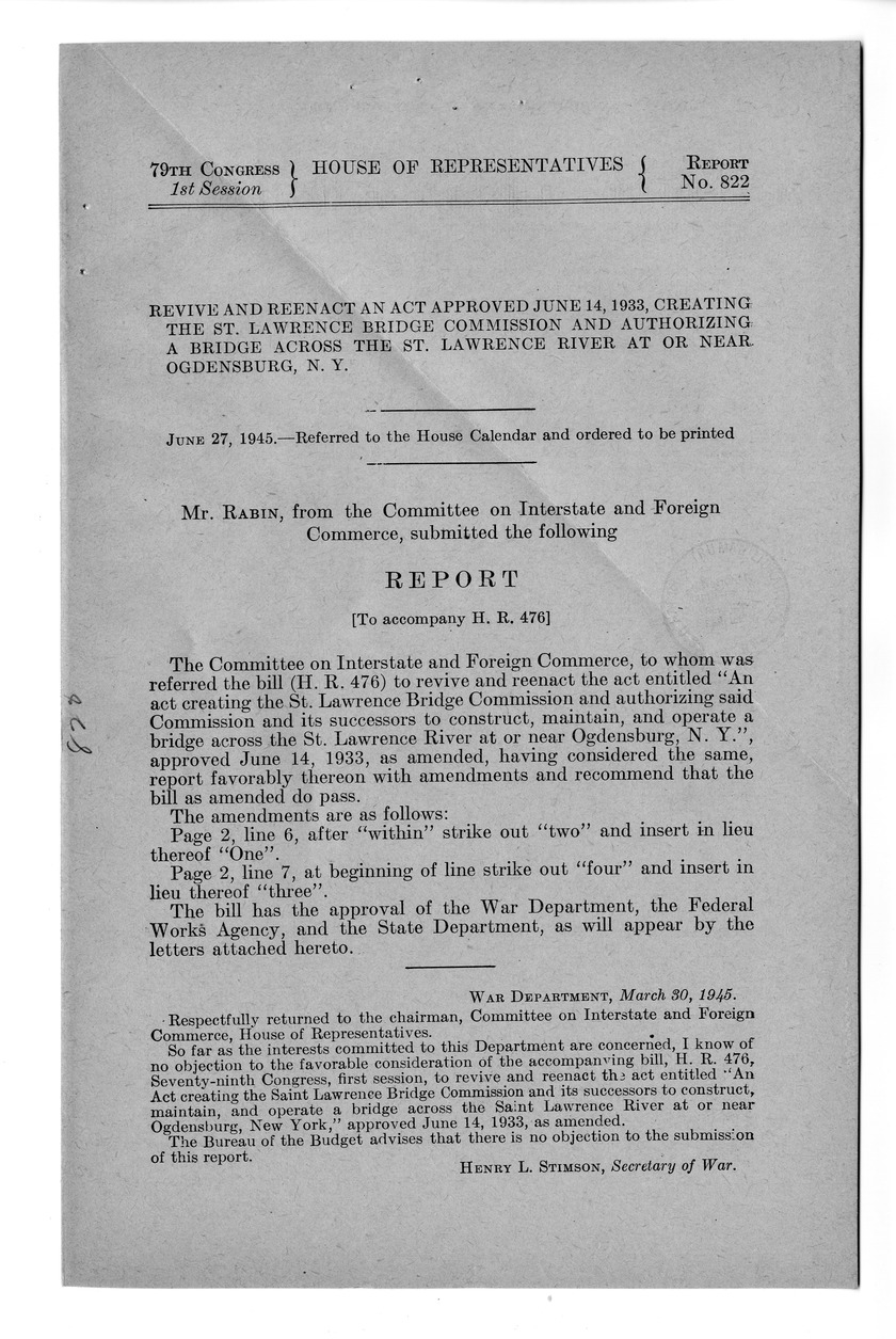 Memorandum from Frederick J. Bailey to M. C. Latta, H.R. 476, To Revive and Reenact An Act Creating the Saint Lawrence Bridge Commission and Authorizing Said Commission and its Successors to Construct, Maintain, and Operate a Bridge Across the Saint Lawre