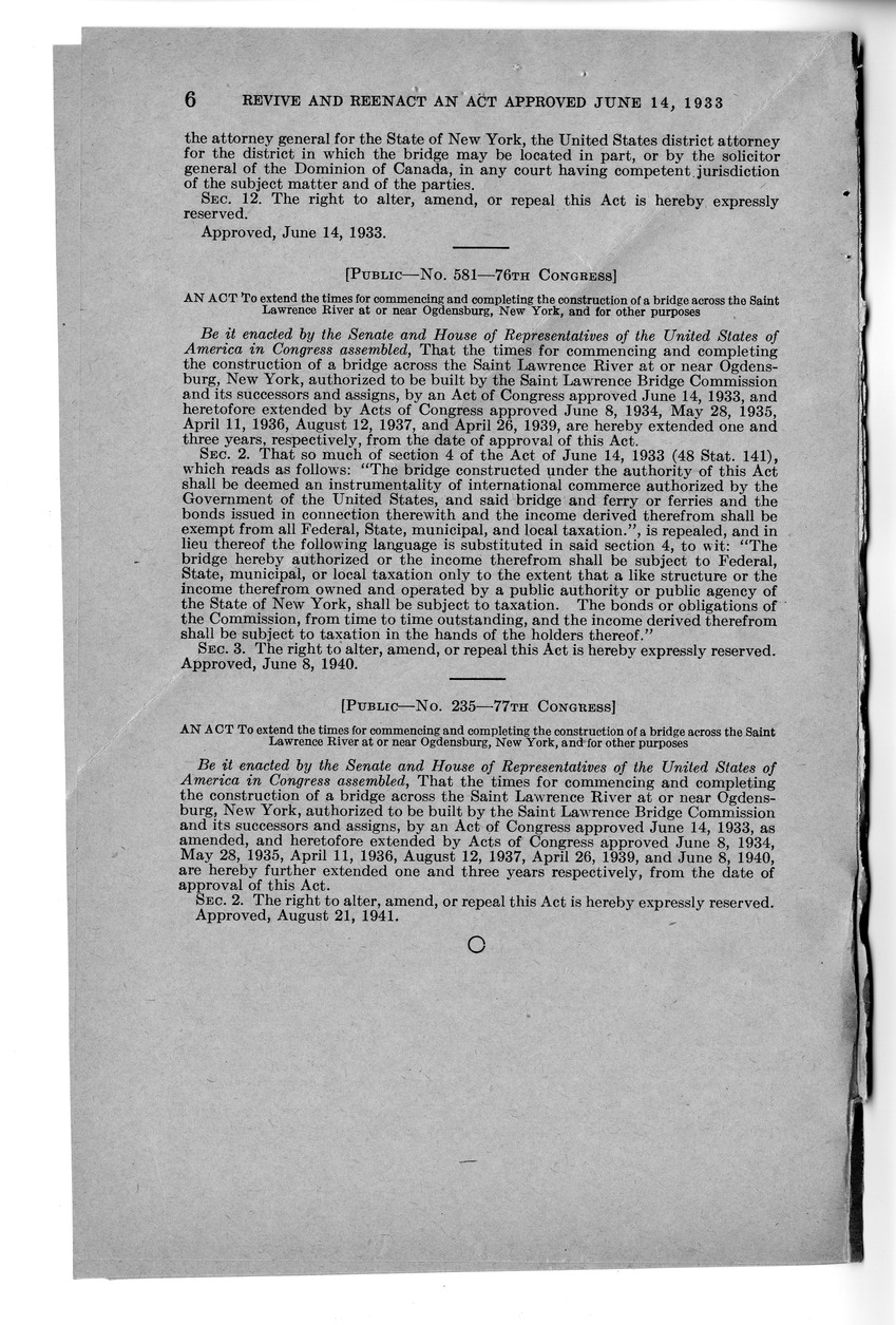 Memorandum from Frederick J. Bailey to M. C. Latta, H.R. 476, To Revive and Reenact An Act Creating the Saint Lawrence Bridge Commission and Authorizing Said Commission and its Successors to Construct, Maintain, and Operate a Bridge Across the Saint Lawre