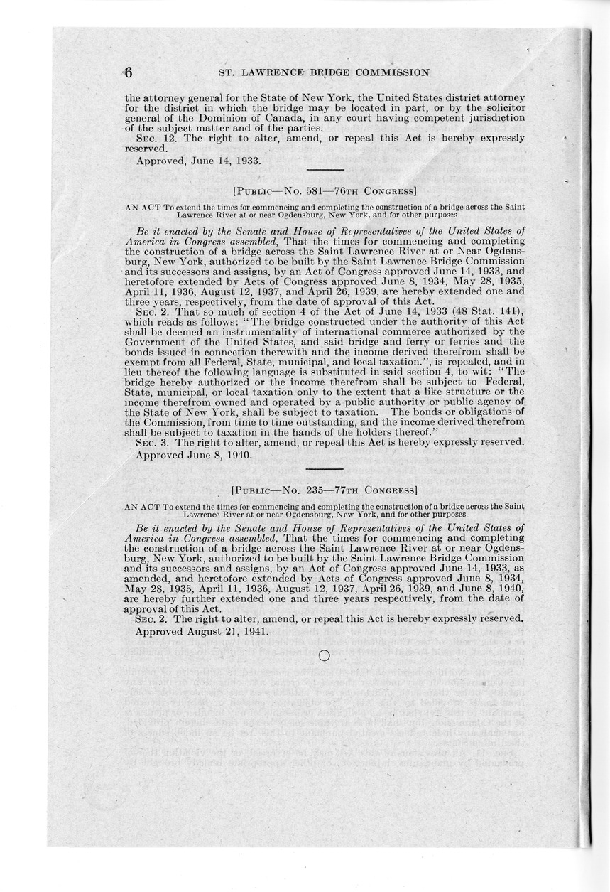 Memorandum from Frederick J. Bailey to M. C. Latta, H.R. 476, To Revive and Reenact An Act Creating the Saint Lawrence Bridge Commission and Authorizing Said Commission and its Successors to Construct, Maintain, and Operate a Bridge Across the Saint Lawre