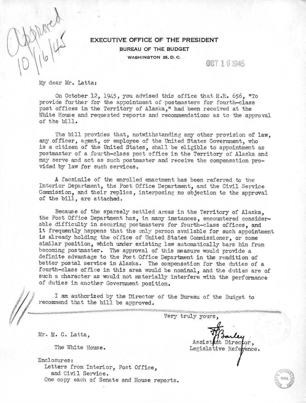 Memorandum from Frederick J. Bailey to M. C. Latta, H.R. 656, To Provide Further for the Appointment of Postmasters for Fourth-Class Post Offices in the Territory of Alaska, with Attachments