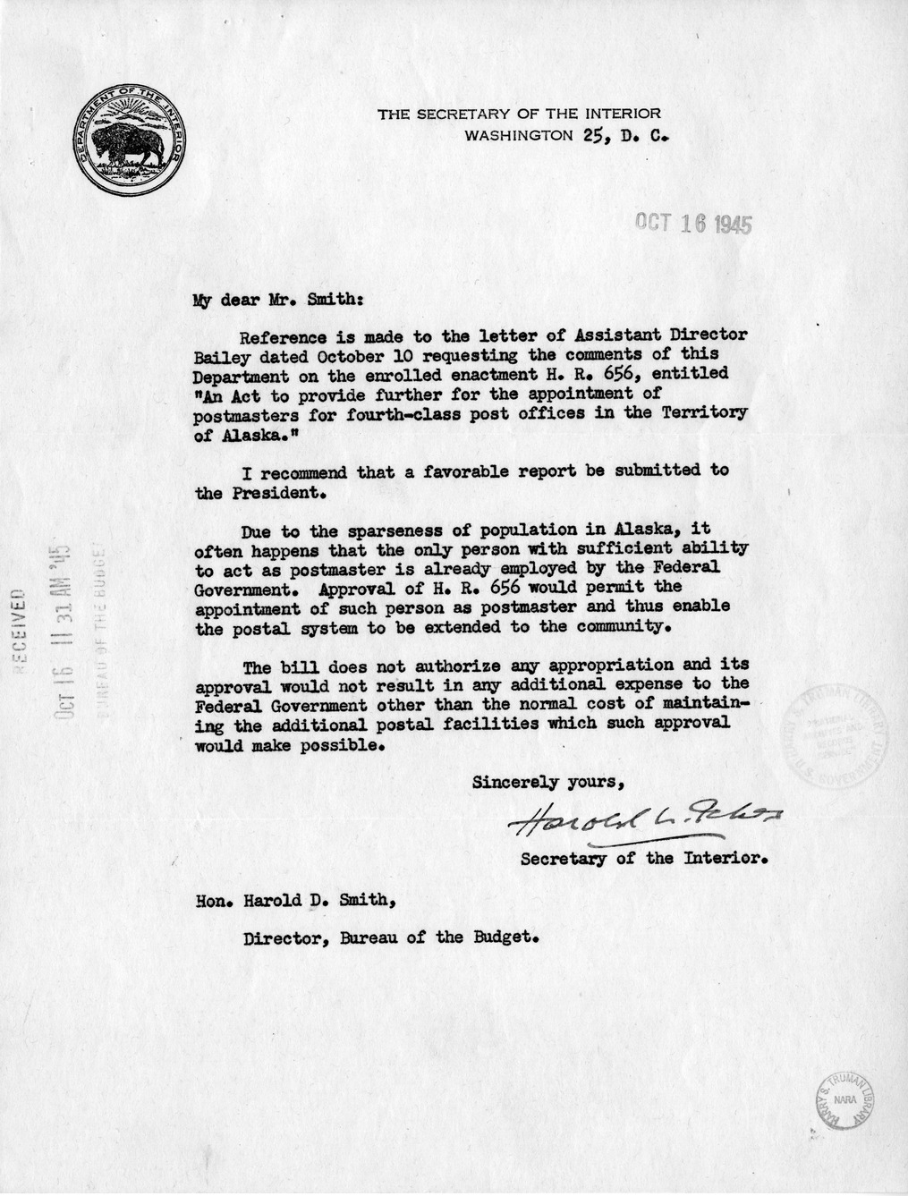 Memorandum from Frederick J. Bailey to M. C. Latta, H.R. 656, To Provide Further for the Appointment of Postmasters for Fourth-Class Post Offices in the Territory of Alaska, with Attachments