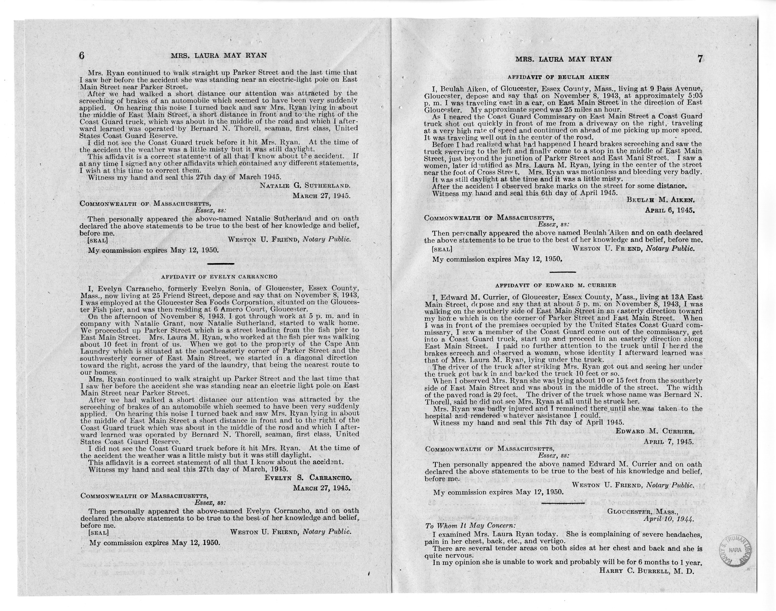 Memorandum from Frederick J. Bailey to M. C. Latta, H.R. 1393, For the Relief of Mrs. Laura May Ryan, with Attachments