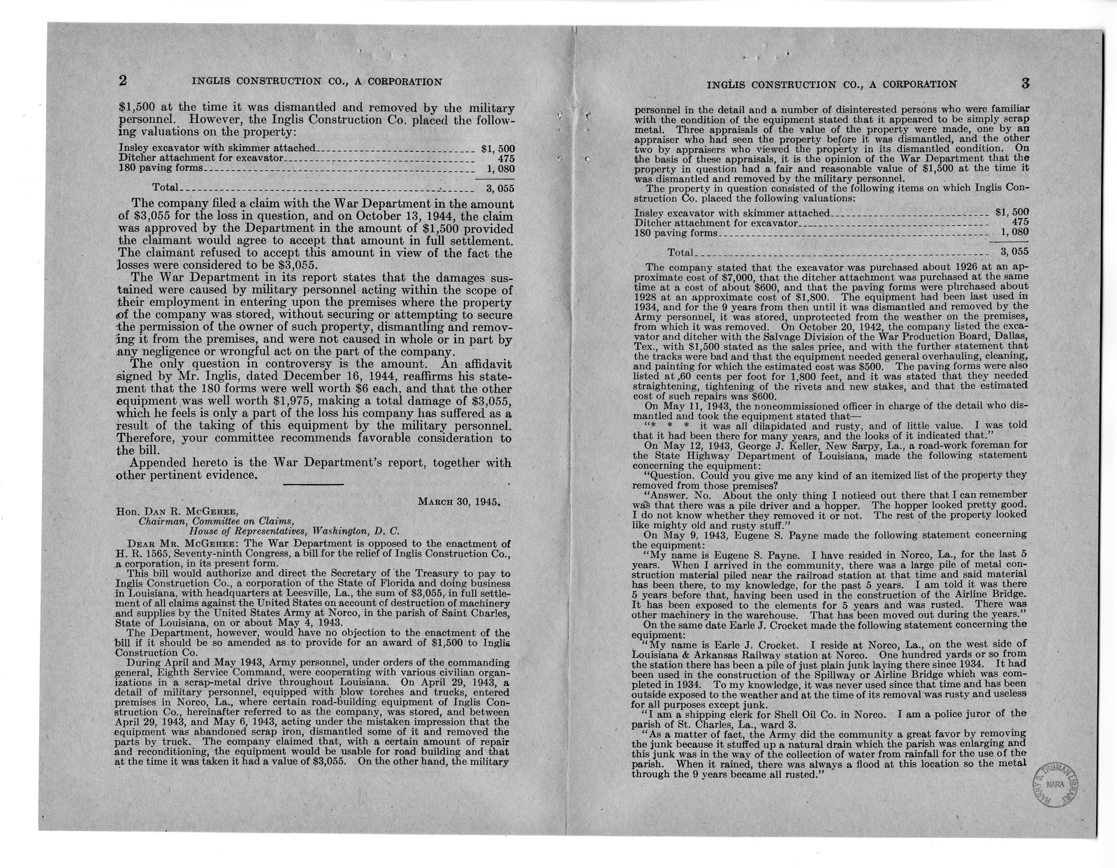 Memorandum from Frederick J. Bailey to M. C. Latta, H.R. 1565, For the Relief of Inglis Construction Company, a Corporation, with Attachments