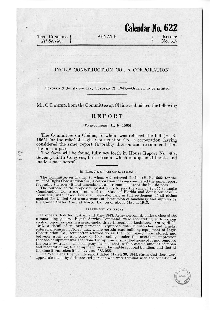 Memorandum from Frederick J. Bailey to M. C. Latta, H.R. 1565, For the Relief of Inglis Construction Company, a Corporation, with Attachments
