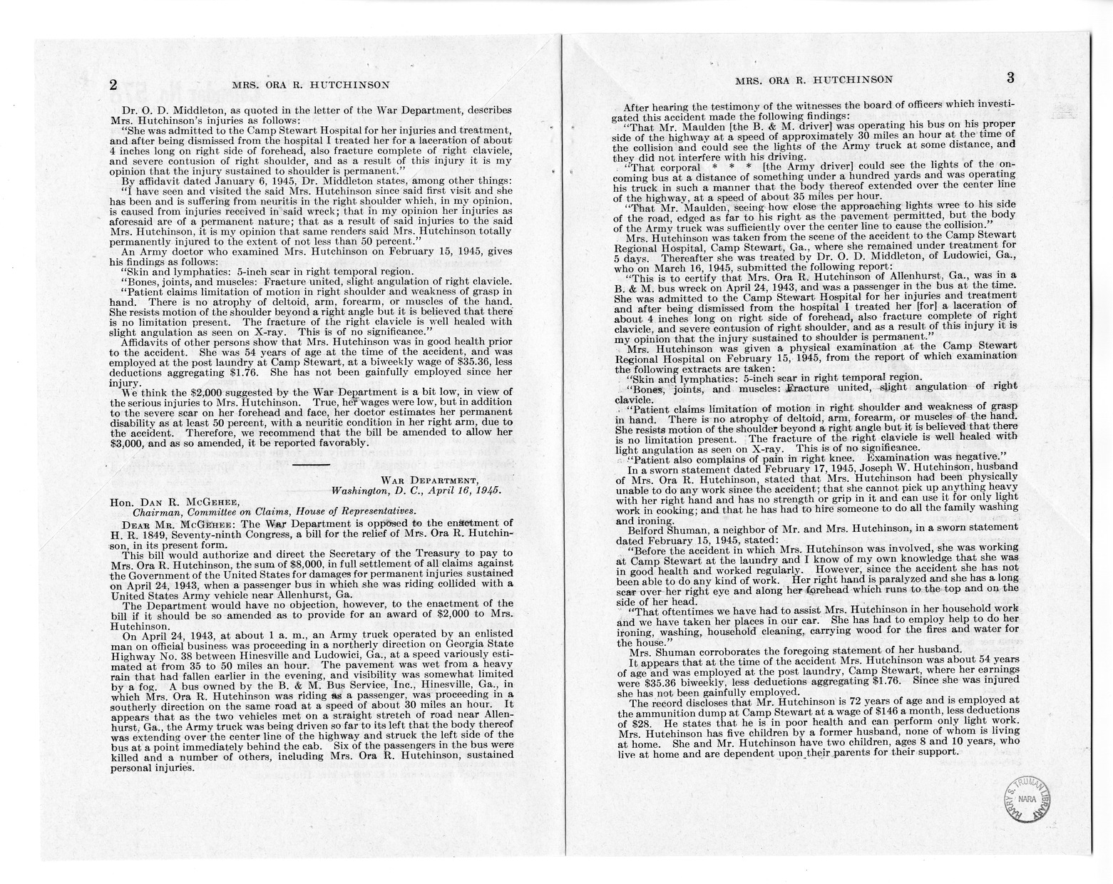 Memorandum from Frederick J. Bailey to M. C. Latta, H.R. 1849, For the Relief of Mrs. Ora R. Hutchinson, with Attachments