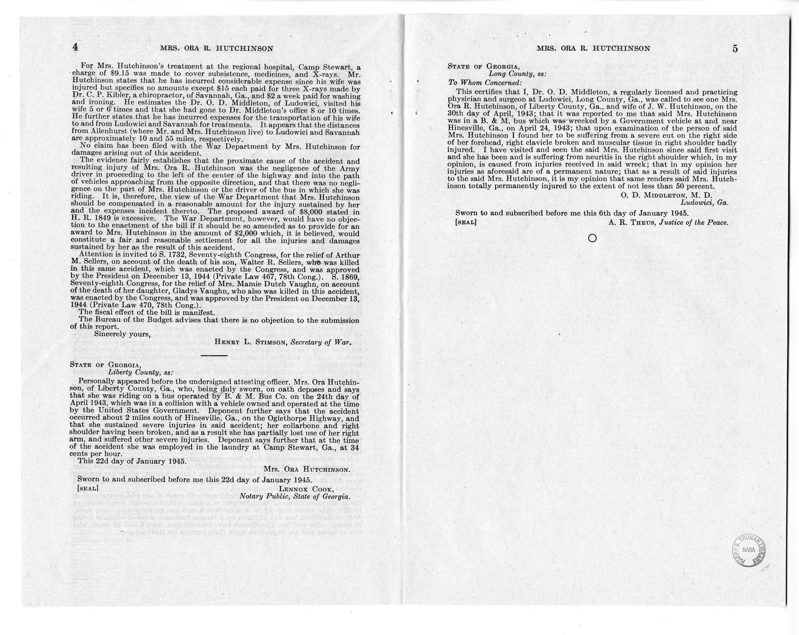 Memorandum from Frederick J. Bailey to M. C. Latta, H.R. 1849, For the Relief of Mrs. Ora R. Hutchinson, with Attachments