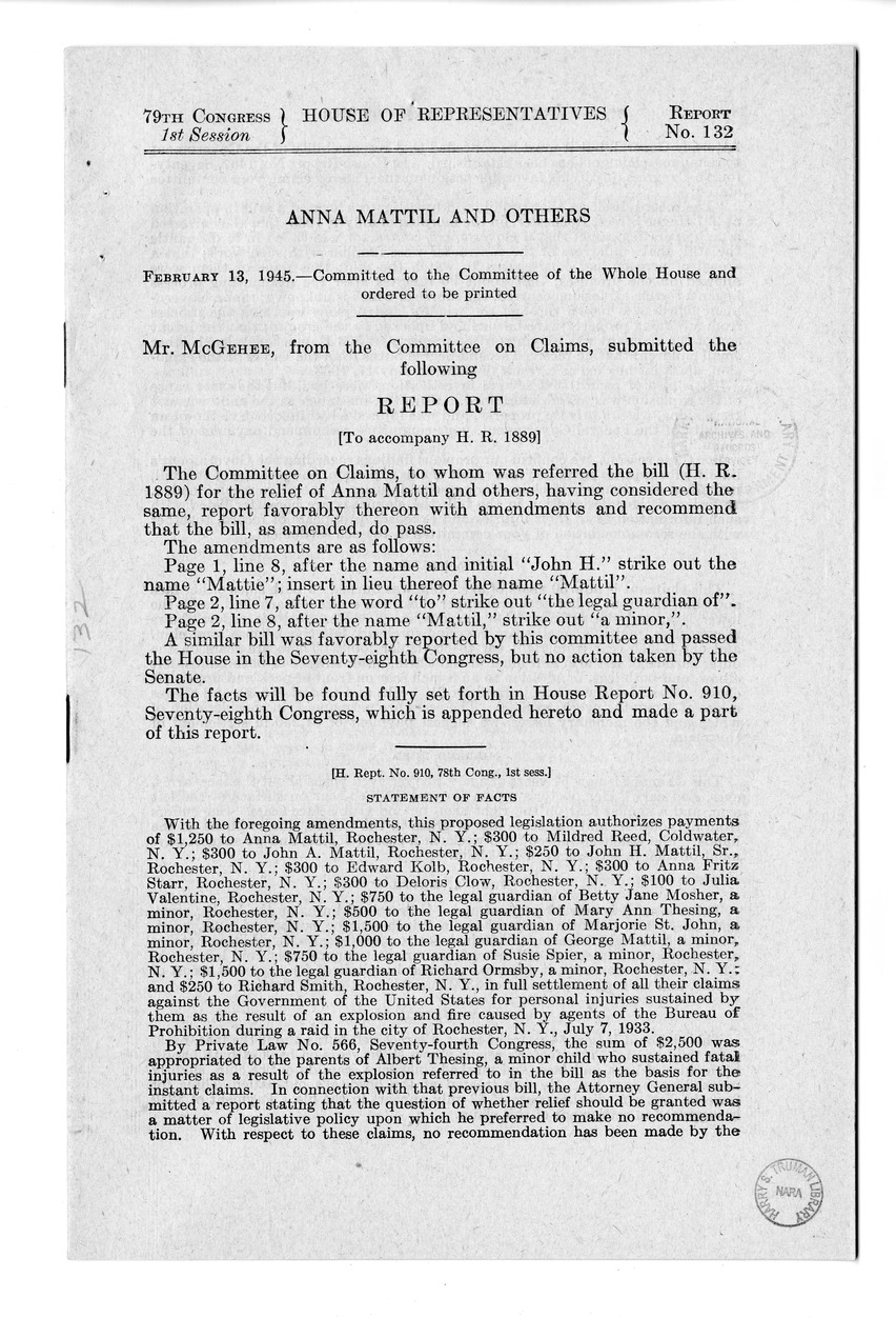 Memorandum from Frederick J. Bailey to M. C. Latta, H.R. 1889, For the Relief of Anna Mattil and Others, with Attachments