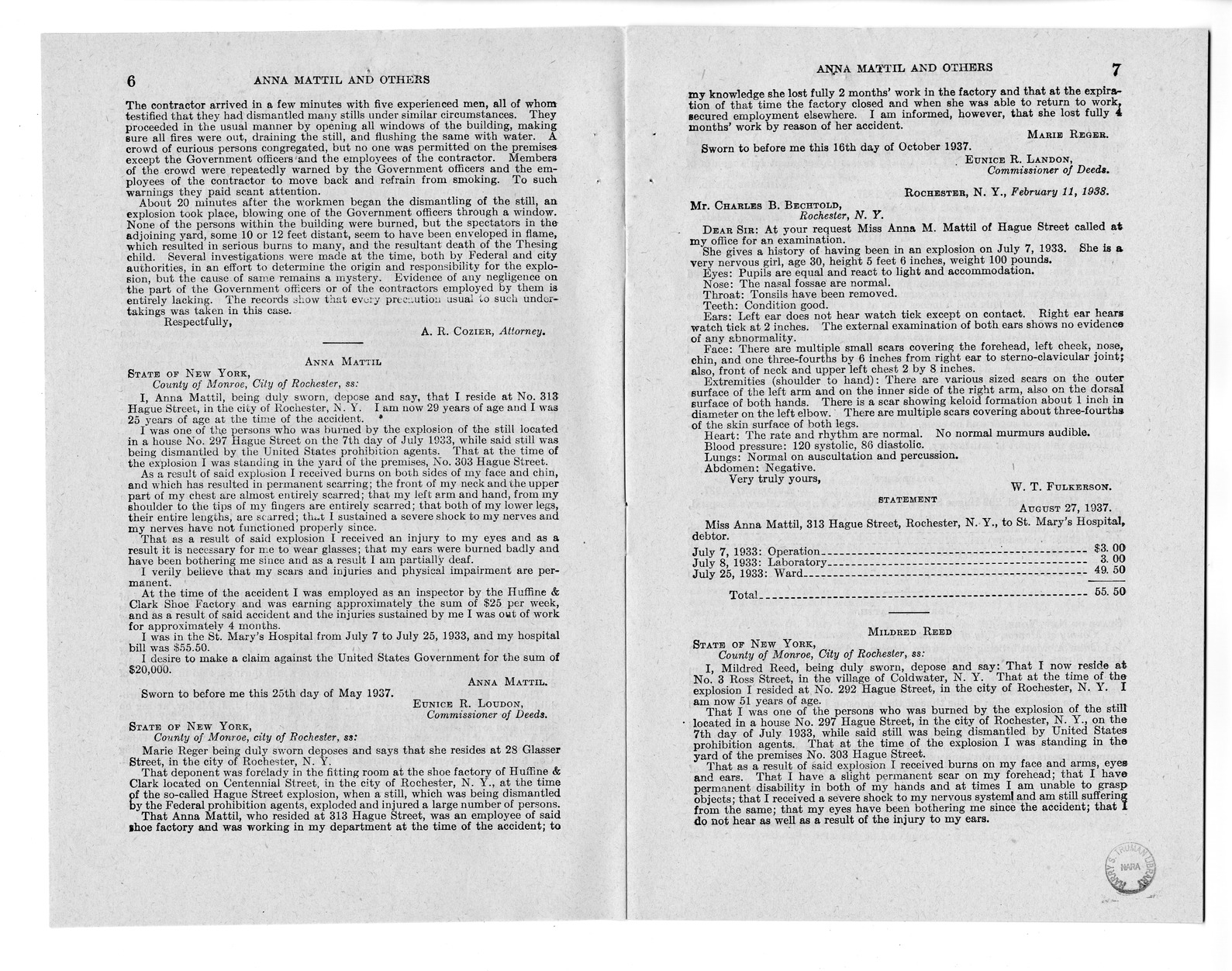 Memorandum from Frederick J. Bailey to M. C. Latta, H.R. 1889, For the Relief of Anna Mattil and Others, with Attachments
