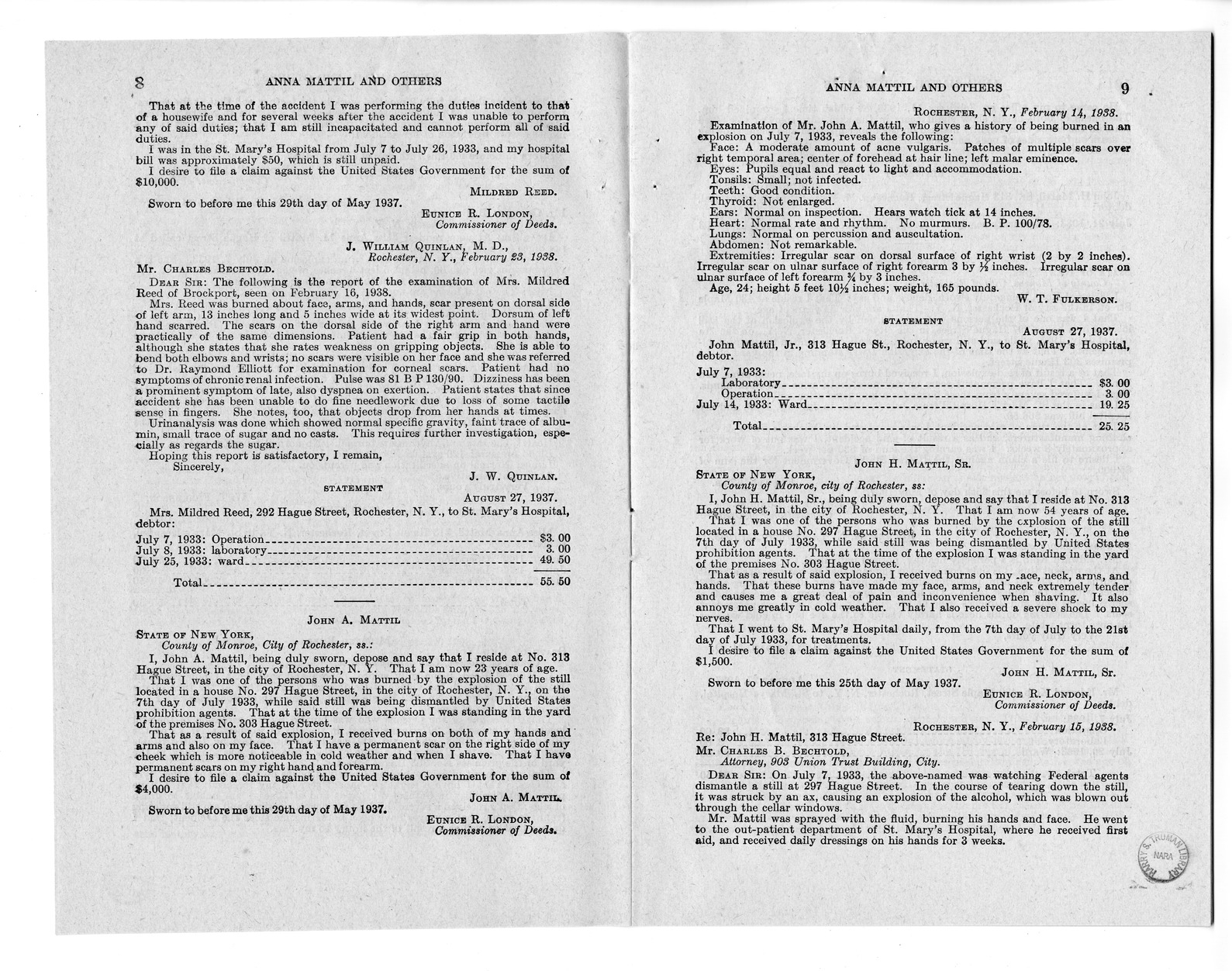 Memorandum from Frederick J. Bailey to M. C. Latta, H.R. 1889, For the Relief of Anna Mattil and Others, with Attachments