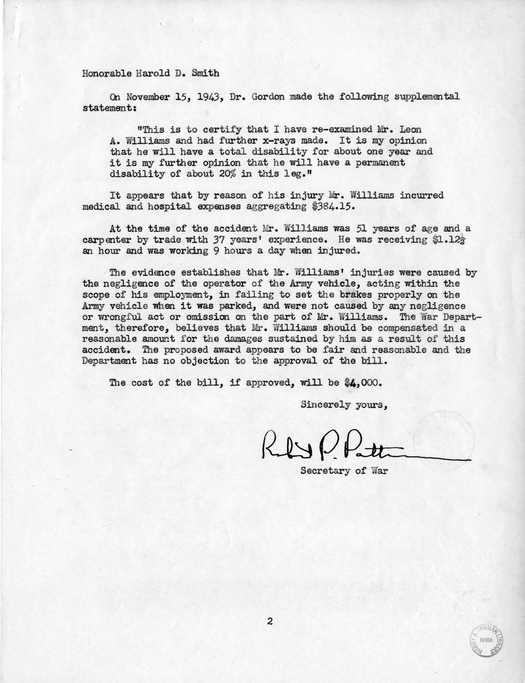 Memorandum from Frederick J. Bailey to M. C. Latta, H.R. 1958, For the Relief of L. A. Williams, with Attachments