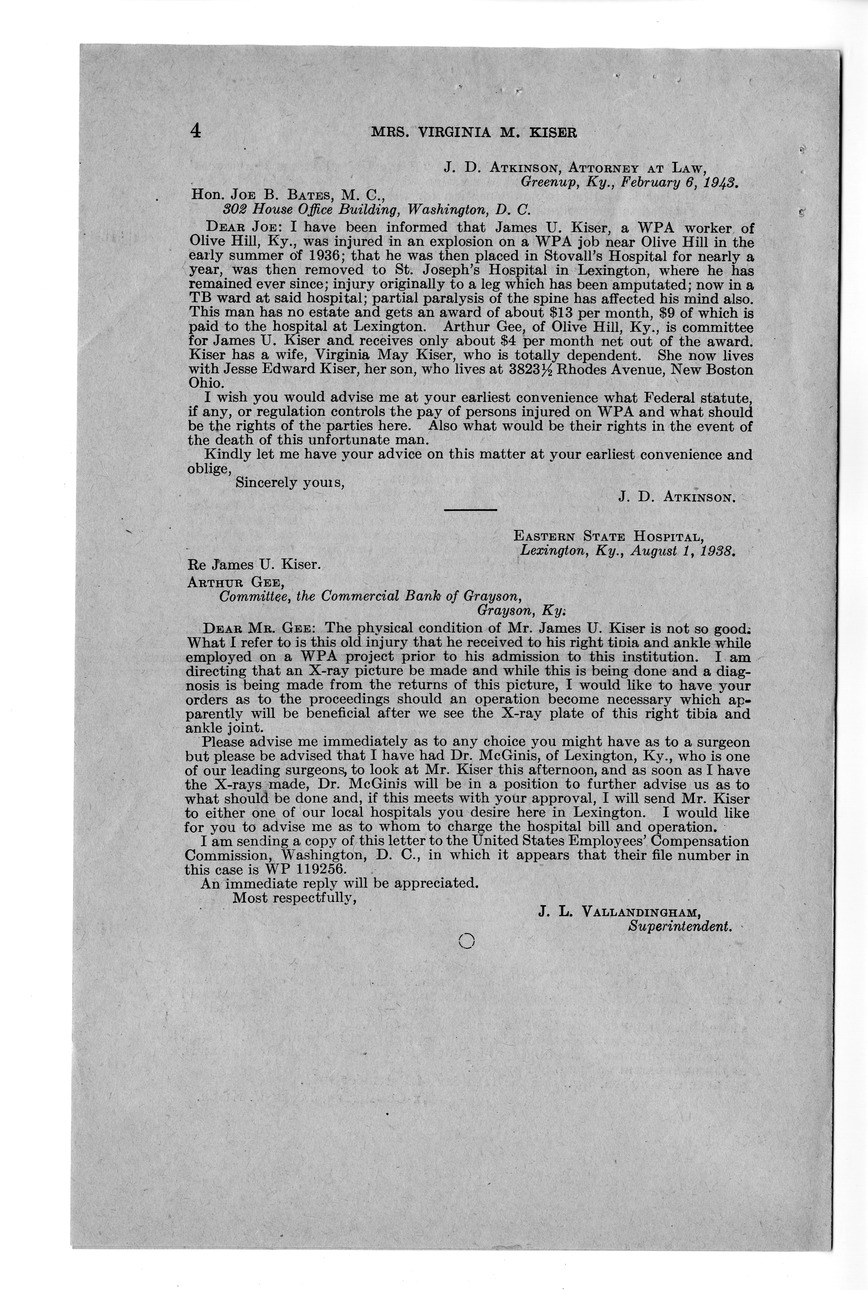 Memorandum from Frederick J. Bailey to M. C. Latta, H.R. 2317, For the Relief of Mrs. Virginia M. Kiser, with Attachments