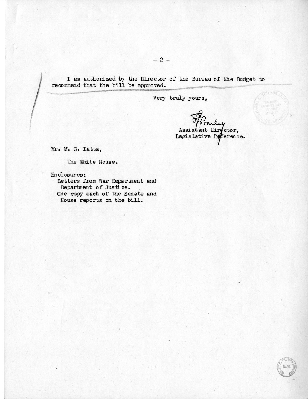 Memorandum from Frederick J. Bailey to M. C. Latta, H.R. 3081, For the Relief of August Svelund, with Attachments