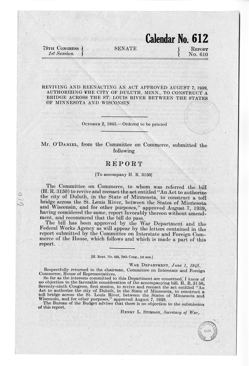 Memorandum from Frederick J. Bailey to M. C. Latta, H.R. 3150, To Revive and Reenact An Act to Authorize the City of Duluth, in the State of Minnesota, to Construct a Toll Bridge Across the Saint Louis River, Between the States of Minnesota and Wisconsin,