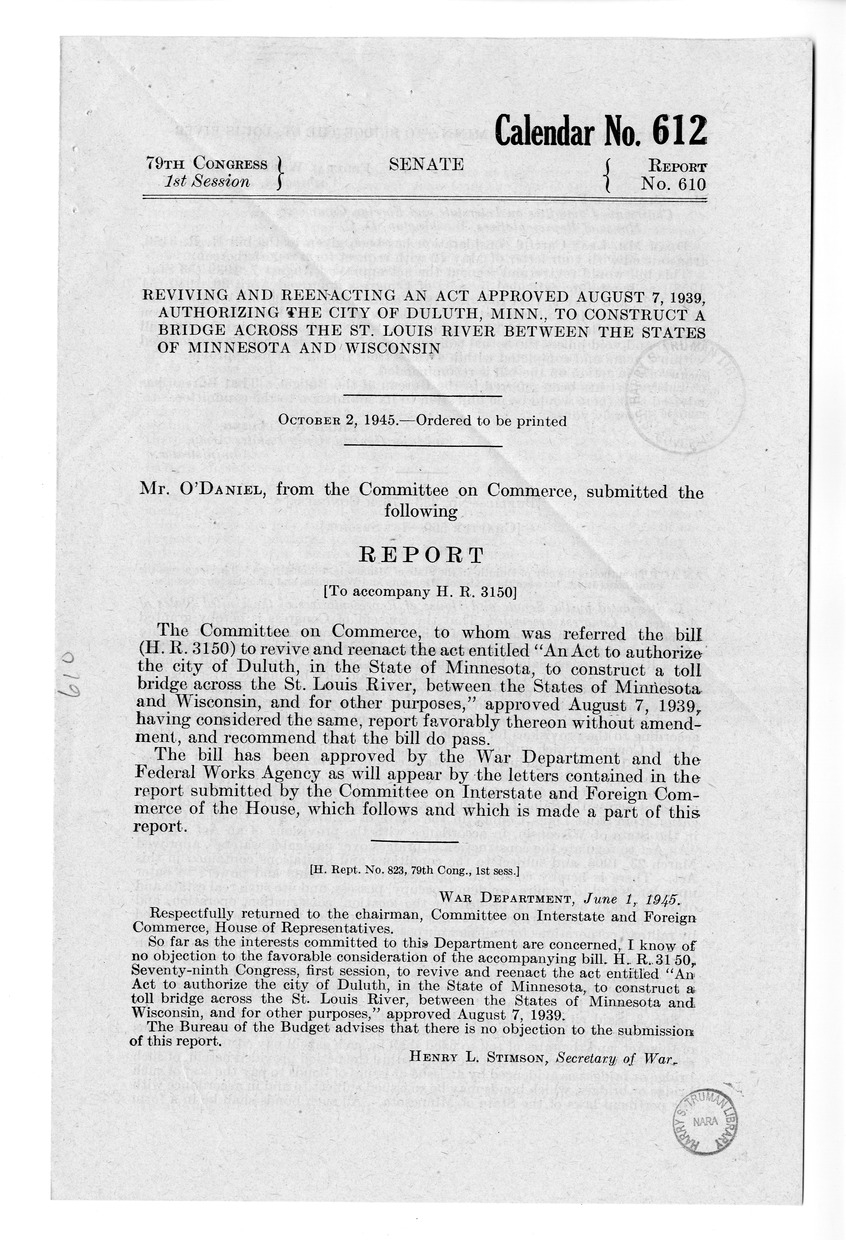 Memorandum from Frederick J. Bailey to M. C. Latta, H.R. 3150, To Revive and Reenact An Act to Authorize the City of Duluth, in the State of Minnesota, to Construct a Toll Bridge Across the Saint Louis River, Between the States of Minnesota and Wisconsin,