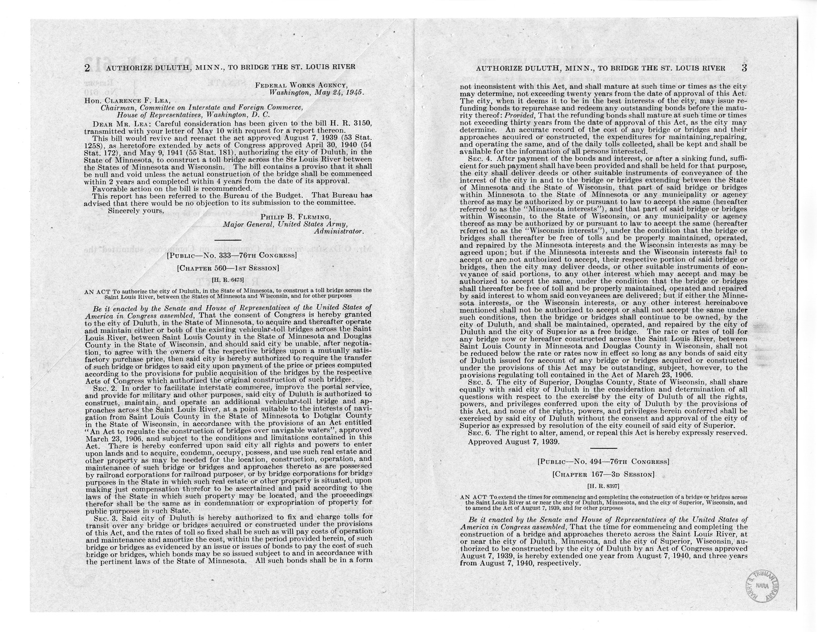 Memorandum from Frederick J. Bailey to M. C. Latta, H.R. 3150, To Revive and Reenact An Act to Authorize the City of Duluth, in the State of Minnesota, to Construct a Toll Bridge Across the Saint Louis River, Between the States of Minnesota and Wisconsin,