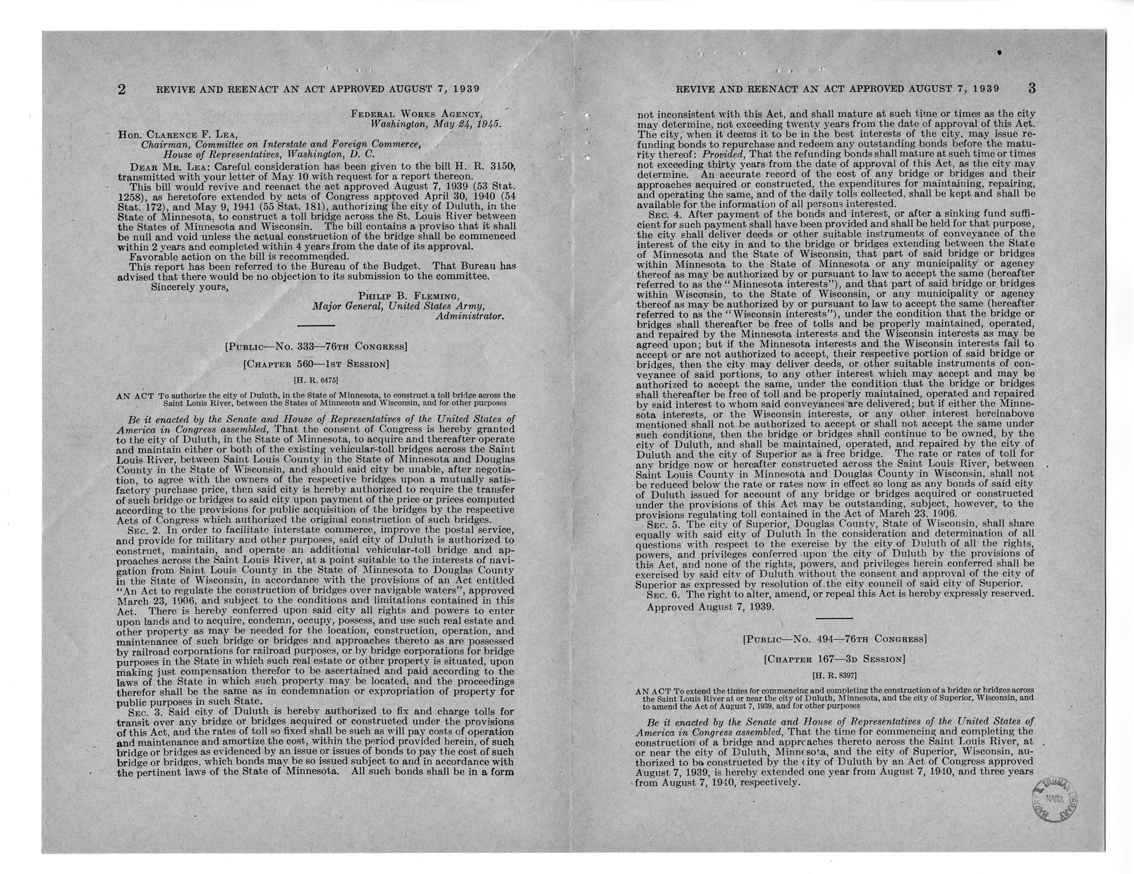 Memorandum from Frederick J. Bailey to M. C. Latta, H.R. 3150, To Revive and Reenact An Act to Authorize the City of Duluth, in the State of Minnesota, to Construct a Toll Bridge Across the Saint Louis River, Between the States of Minnesota and Wisconsin,