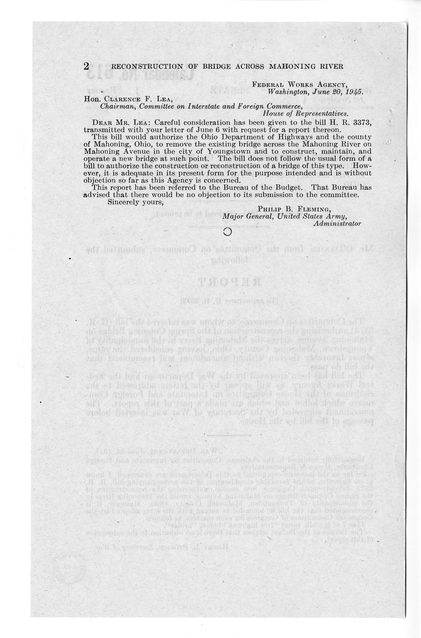 Memorandum from Frederick J. Bailey to M. C. Latta, H.R. 3373, Authorizing the Reconstruction of the Spring Common Bridge on Mahoning Avenue, Across the Mahoning River in the Municipality of Youngstown, Mahoning County, Ohio, with Attachments