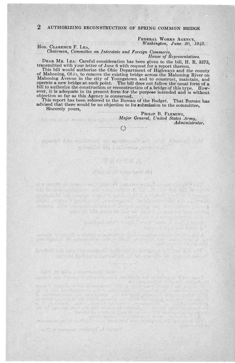 Memorandum from Frederick J. Bailey to M. C. Latta, H.R. 3373, Authorizing the Reconstruction of the Spring Common Bridge on Mahoning Avenue, Across the Mahoning River in the Municipality of Youngstown, Mahoning County, Ohio, with Attachments