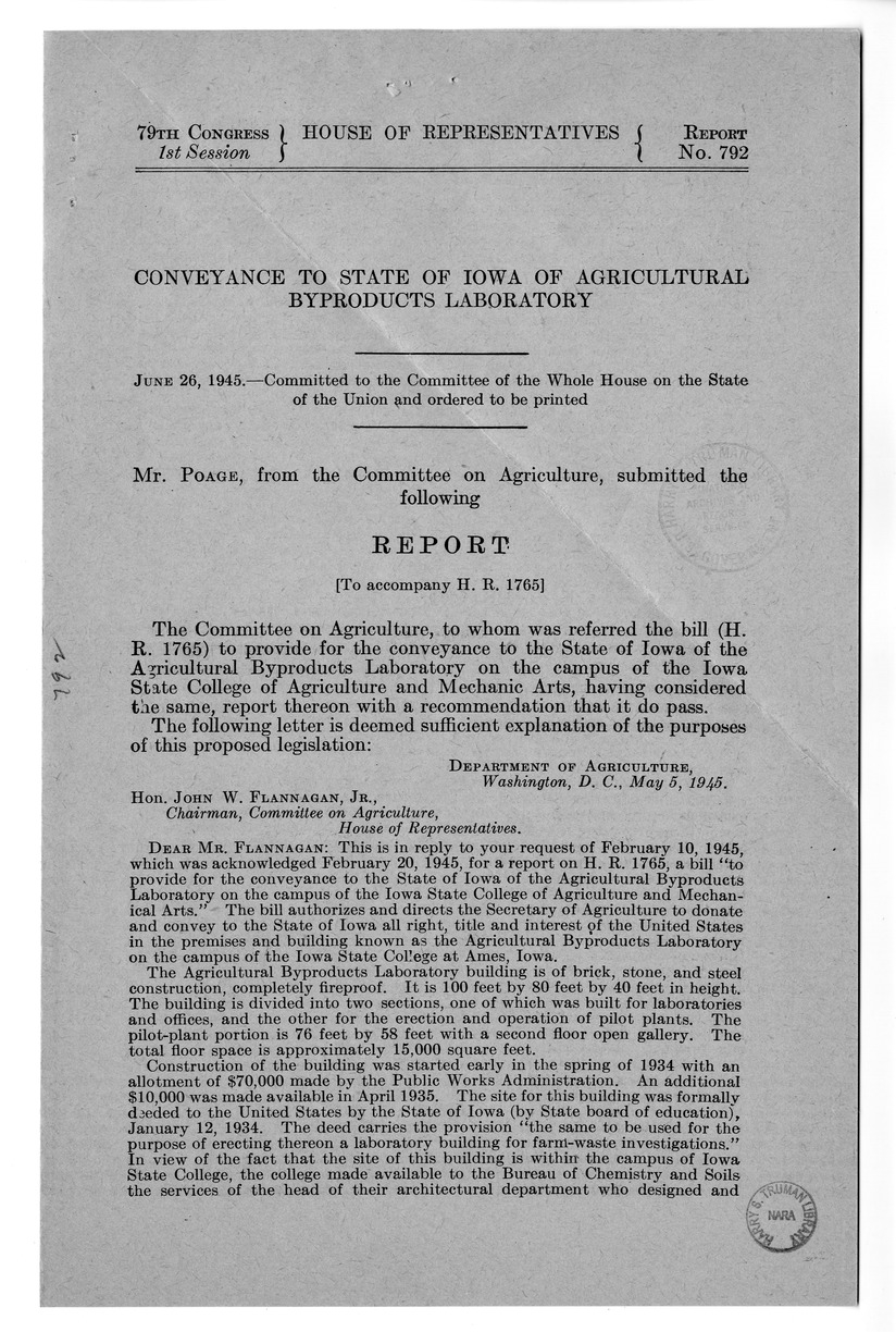 Memorandum from Paul H. Appleby to M. C. Latta, H.R. 1765, To Provide for the Conveyance to the State of Iowa of the Agricultural Byproducts Laboratory on the Campus of the Iowa State College of Agriculture and Mechanic Arts, with Attachments