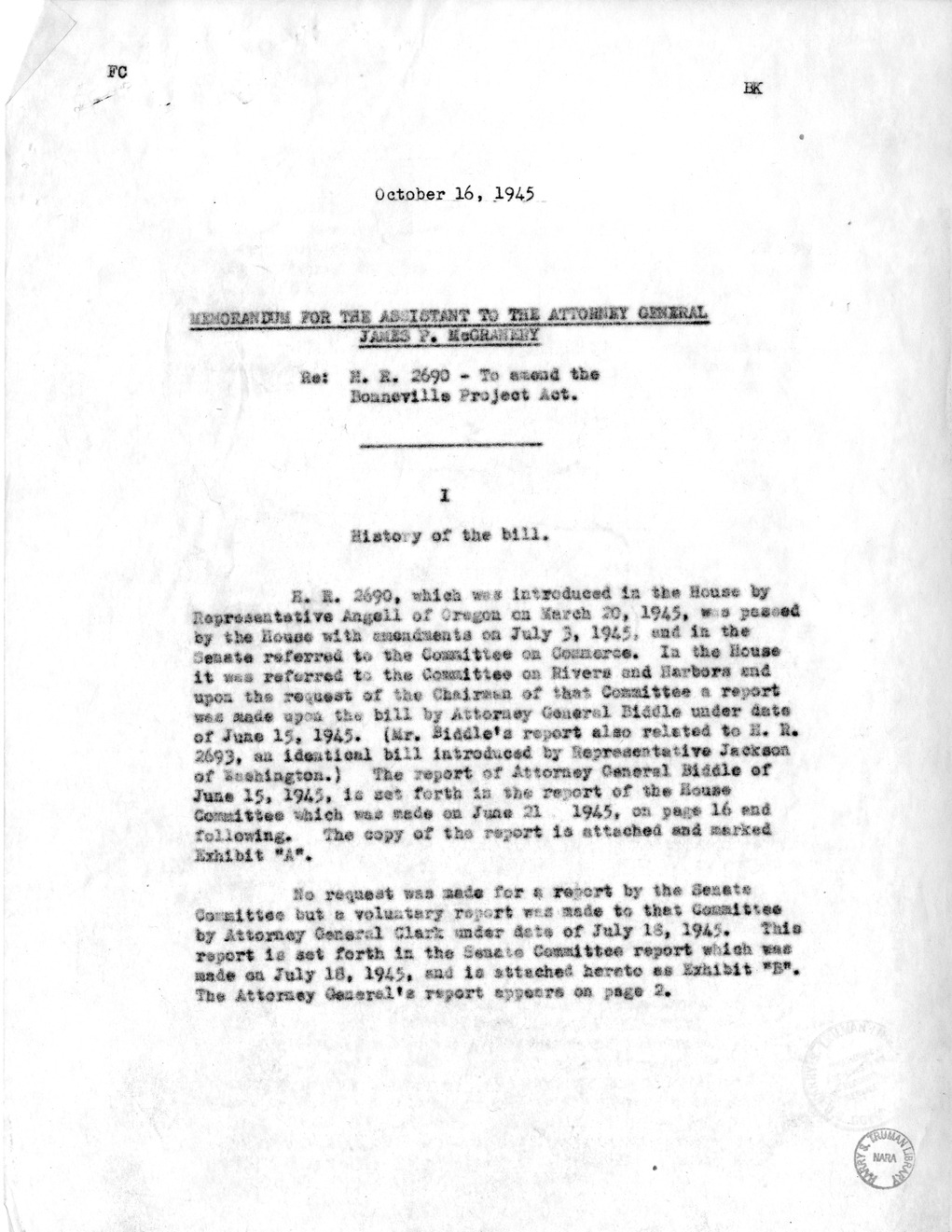 Memorandum from Paul H. Appleby to M. C. Latta, H.R. 2690, To Amend the Bonneville Project Act, with Attachments