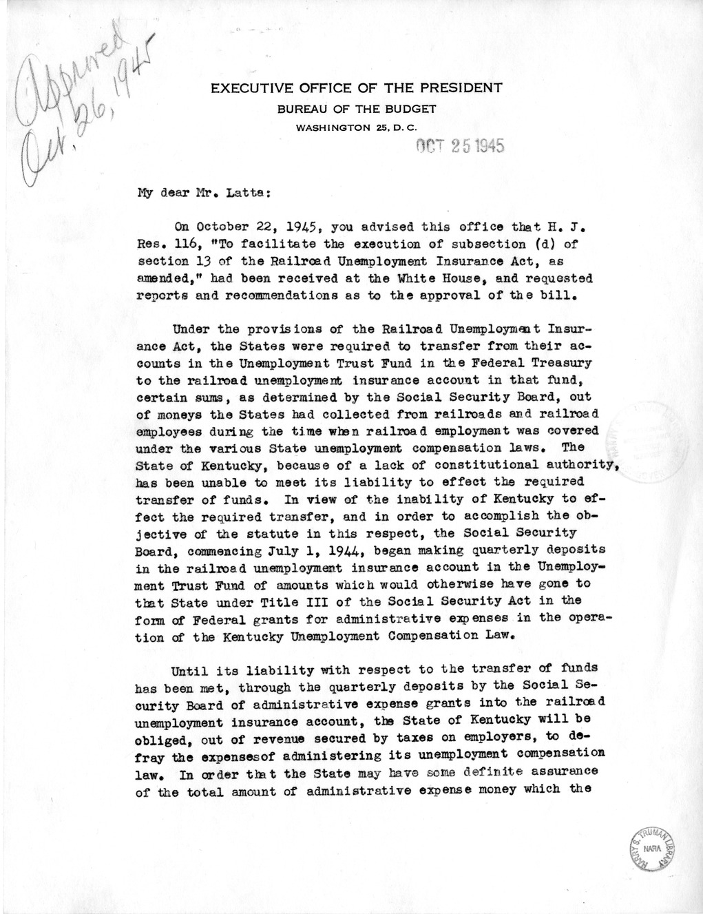 Memorandum from Paul H. Appleby to M. C. Latta, H.J. Res. 116, To Facilitate the Execution of Subsection (d) of Section 13 of the Railroad Unemployment Insurance Act, with Attachments