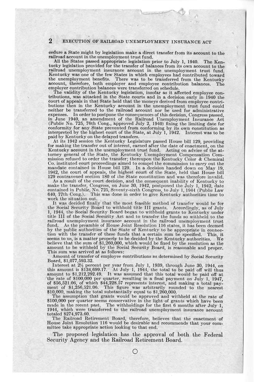 Memorandum from Paul H. Appleby to M. C. Latta, H.J. Res. 116, To Facilitate the Execution of Subsection (d) of Section 13 of the Railroad Unemployment Insurance Act, with Attachments