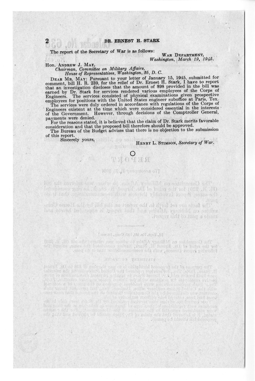 Memorandum from Frederick J. Bailey to M. C. Latta, H.R. 239, For the Relief of Doctor Ernest H. Stark, with Attachments