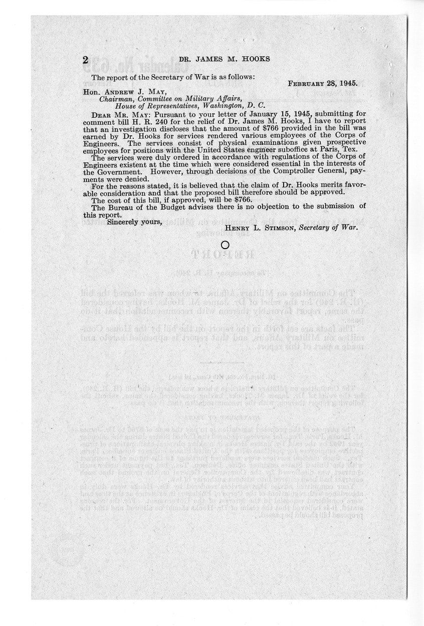 Memorandum from Frederick J. Bailey to M. C. Latta, H.R. 240, For the Relief of Doctor James M. Hooks, with Attachments