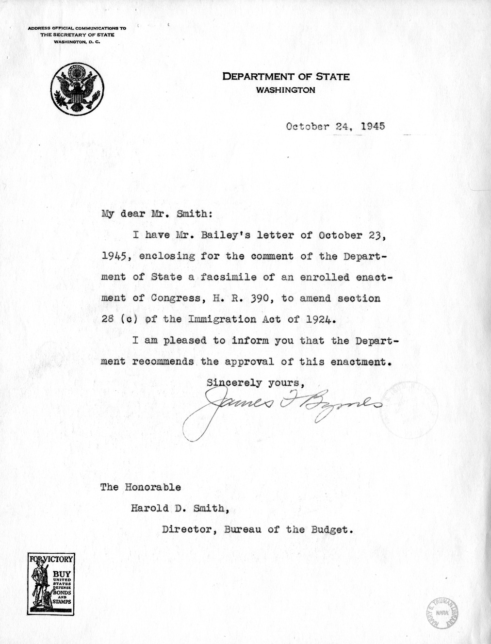 Memorandum from Frederick J. Bailey to M. C. Latta, H.R. 390, To Amend Section 28 (C) of the Immigration Act of 1924, with Attachments