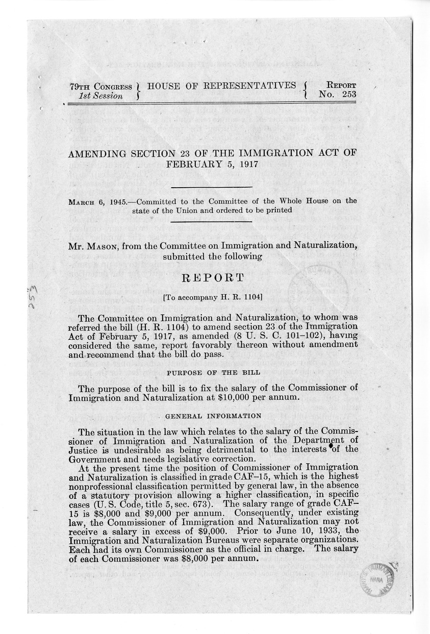 Memorandum from Paul H. Appleby to M. C. Latta, H.R. 1104, To Amend Section 23 of the Immigration Act of February 5, 1917, with Attachments