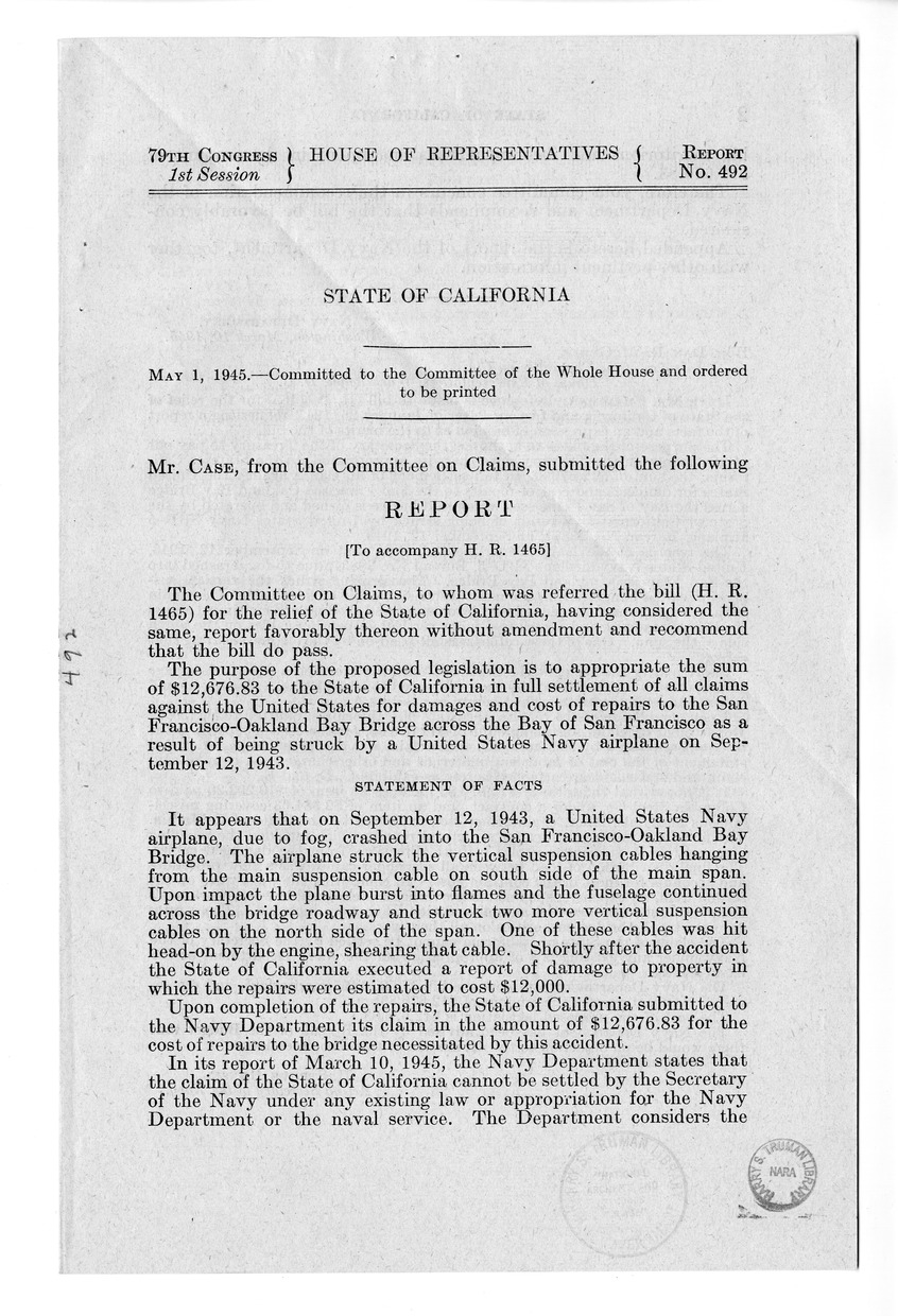 Memorandum from Frederick J. Bailey to M. C. Latta, H.R. 1465, For the Relief of the State of California, with Attachments