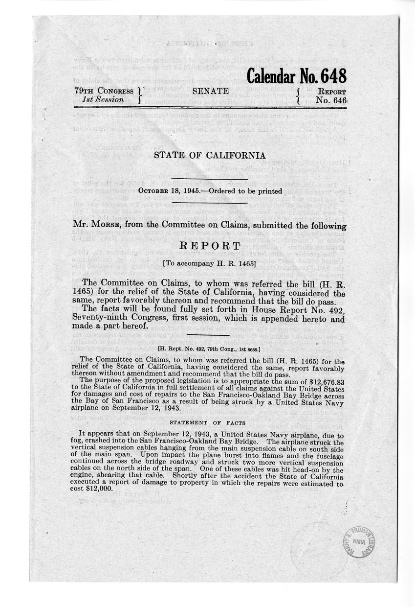 Memorandum from Frederick J. Bailey to M. C. Latta, H.R. 1465, For the Relief of the State of California, with Attachments