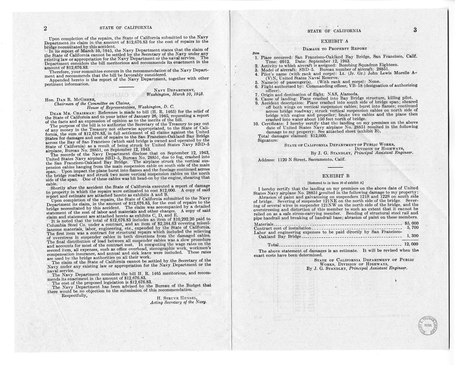 Memorandum from Frederick J. Bailey to M. C. Latta, H.R. 1465, For the Relief of the State of California, with Attachments