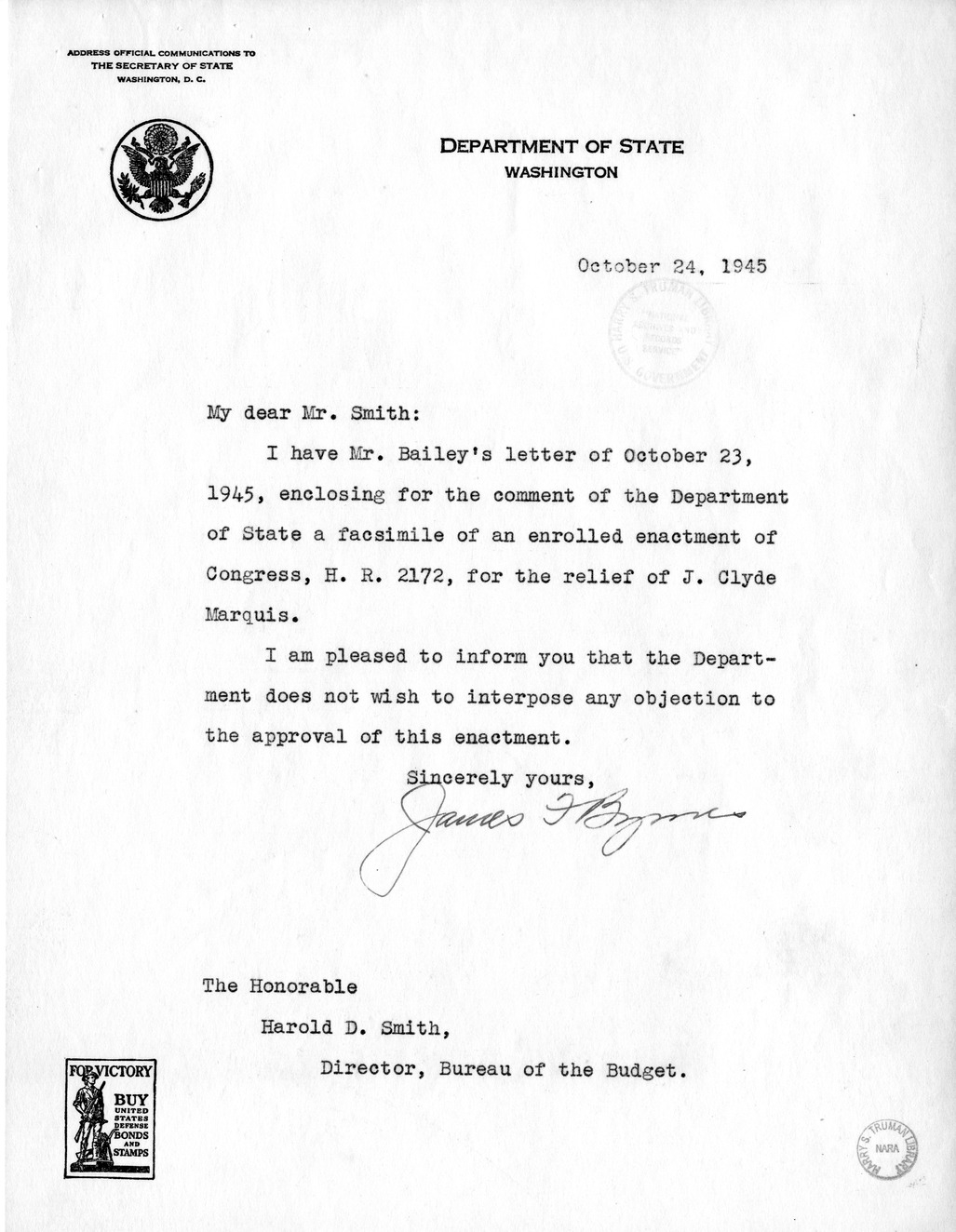 Memorandum from Paul H. Appleby to M. C. Latta, H.R. 2172, For the Relief of J. Clyde Marquis, with Attachments