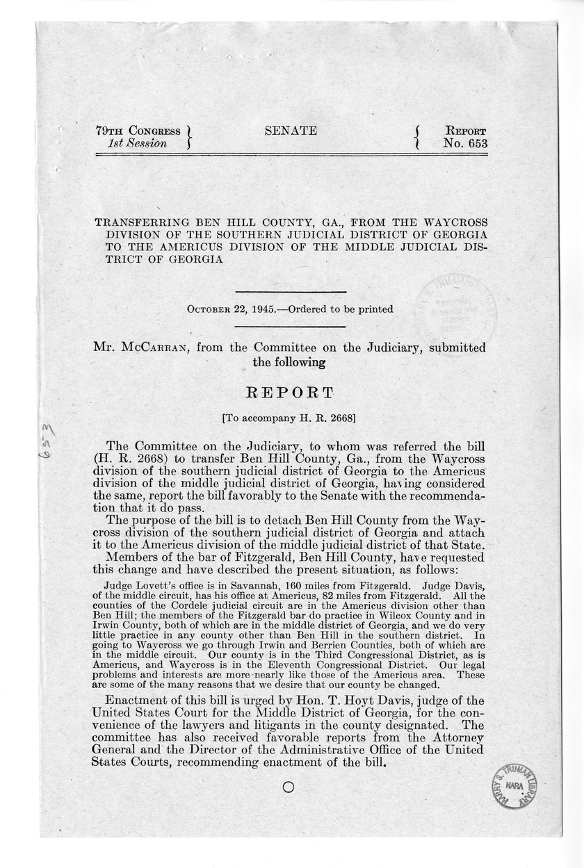 Memorandum from Frederick J. Bailey to M. C. Latta, H.R. 2668, To Transfer Ben Hill County, Georgia, From the Waycross Division of the Southern Judicial District of Georgia to the Americus Division of the Middle Judicial District of Georgia, with Attachments