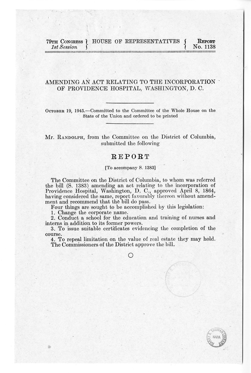Memorandum from Frederick J. Bailey to M. C. Latta, S. 1383, To Amend an Act Relating to the Incorporation of Providence Hospital, Washington, District of Columbia, with Attachments