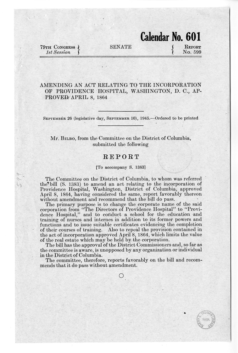 Memorandum from Frederick J. Bailey to M. C. Latta, S. 1383, To Amend an Act Relating to the Incorporation of Providence Hospital, Washington, District of Columbia, with Attachments