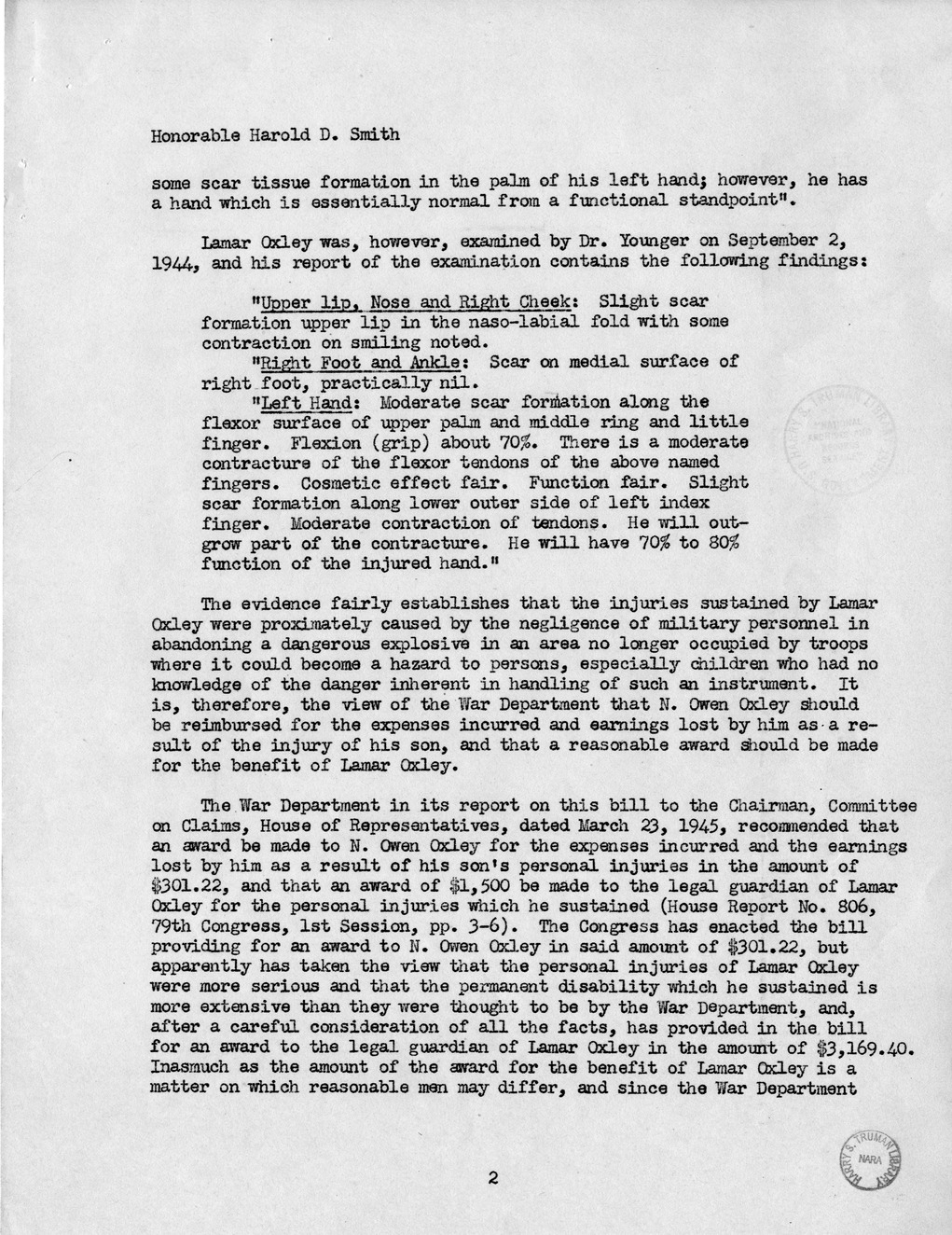 Memorandum from Harold D. Smith to M. C. Latta, H.R. 1563, For the Relief of N. Owen Oxley and the Legal Guardian of Lamar Oxley, a Minor, with Attachments