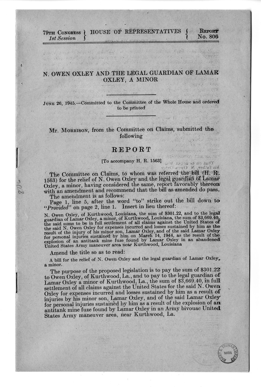 Memorandum from Harold D. Smith to M. C. Latta, H.R. 1563, For the Relief of N. Owen Oxley and the Legal Guardian of Lamar Oxley, a Minor, with Attachments