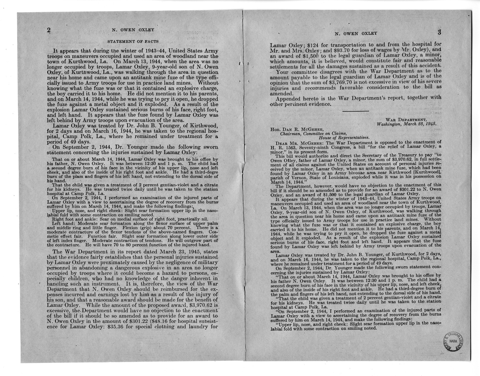 Memorandum from Harold D. Smith to M. C. Latta, H.R. 1563, For the Relief of N. Owen Oxley and the Legal Guardian of Lamar Oxley, a Minor, with Attachments