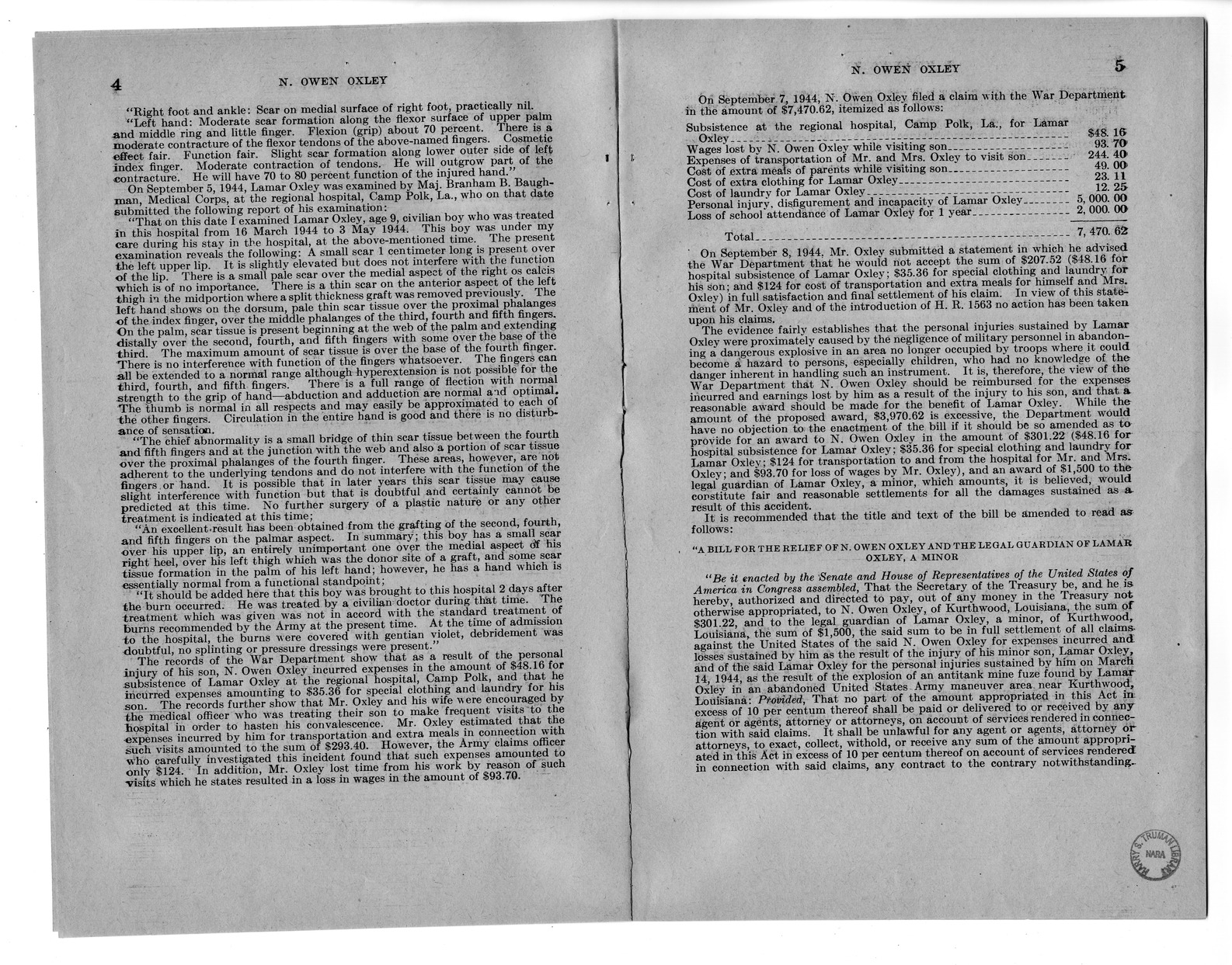 Memorandum from Harold D. Smith to M. C. Latta, H.R. 1563, For the Relief of N. Owen Oxley and the Legal Guardian of Lamar Oxley, a Minor, with Attachments