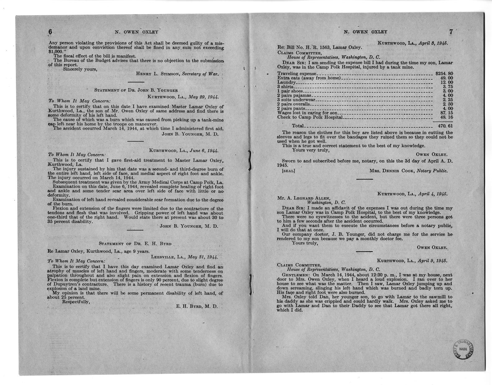 Memorandum from Harold D. Smith to M. C. Latta, H.R. 1563, For the Relief of N. Owen Oxley and the Legal Guardian of Lamar Oxley, a Minor, with Attachments