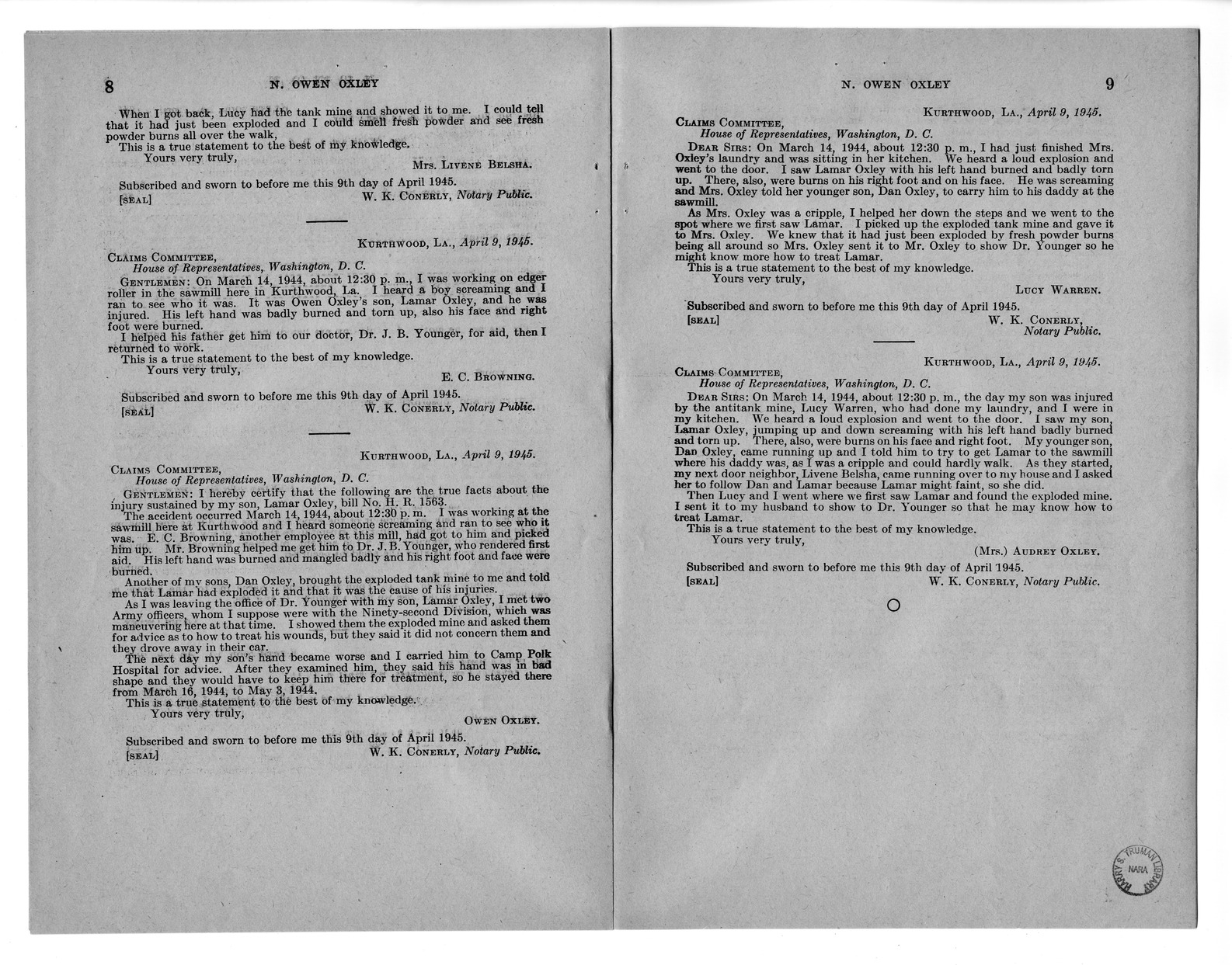 Memorandum from Harold D. Smith to M. C. Latta, H.R. 1563, For the Relief of N. Owen Oxley and the Legal Guardian of Lamar Oxley, a Minor, with Attachments