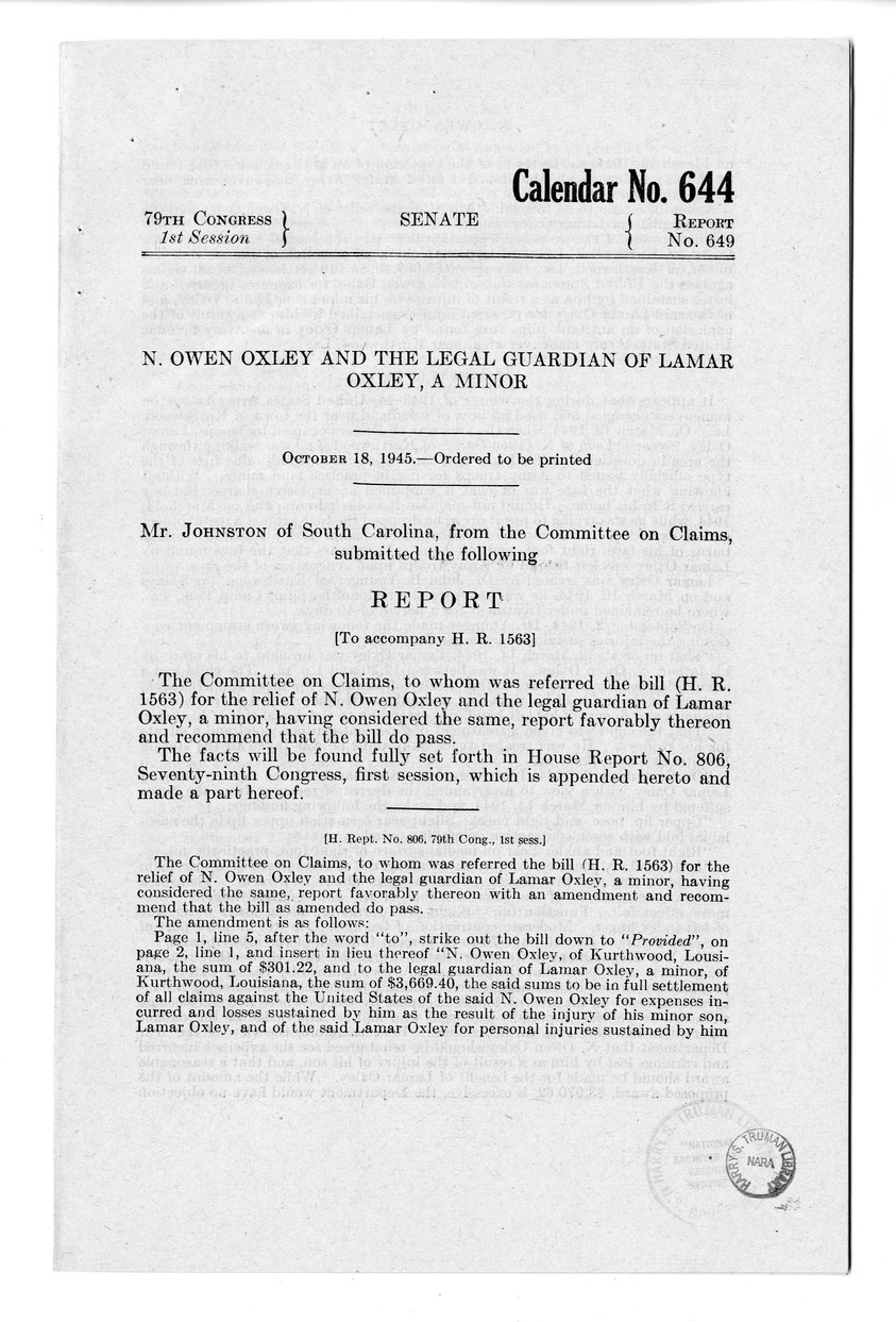 Memorandum from Harold D. Smith to M. C. Latta, H.R. 1563, For the Relief of N. Owen Oxley and the Legal Guardian of Lamar Oxley, a Minor, with Attachments