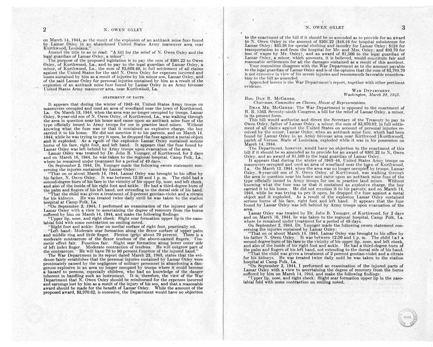 Memorandum from Harold D. Smith to M. C. Latta, H.R. 1563, For the Relief of N. Owen Oxley and the Legal Guardian of Lamar Oxley, a Minor, with Attachments