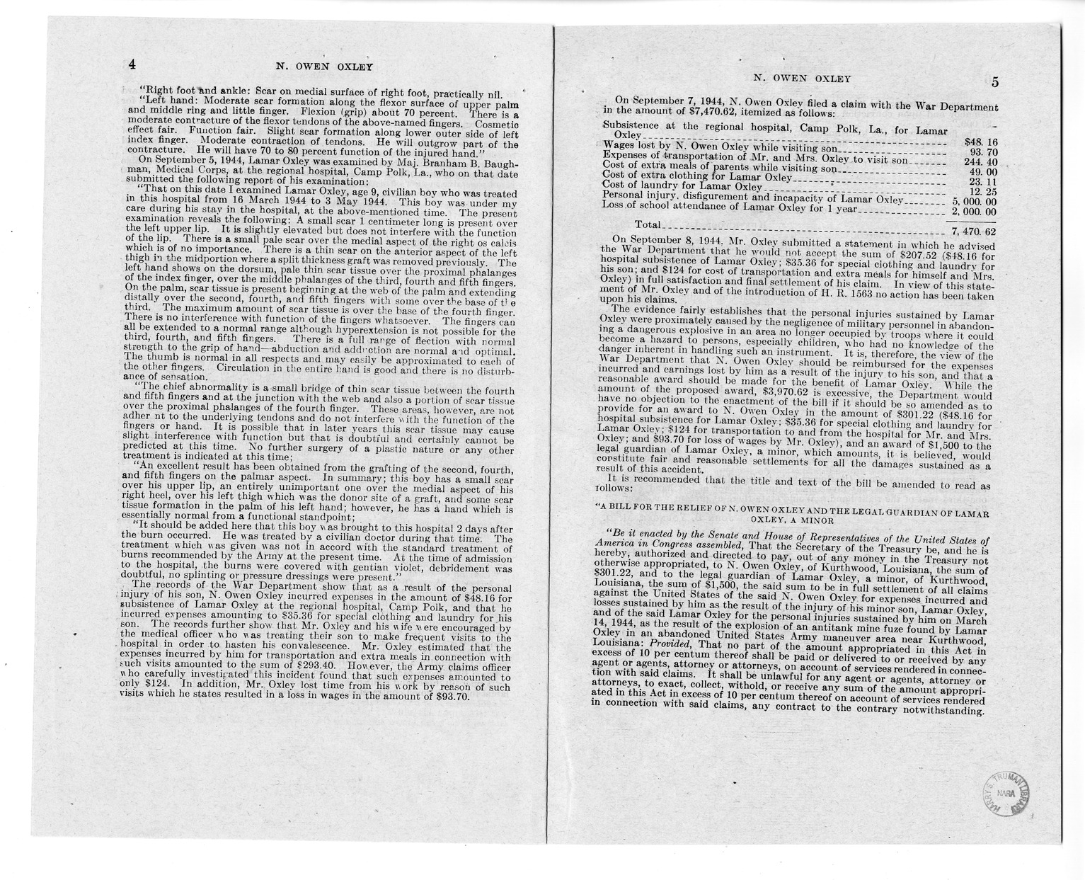 Memorandum from Harold D. Smith to M. C. Latta, H.R. 1563, For the Relief of N. Owen Oxley and the Legal Guardian of Lamar Oxley, a Minor, with Attachments