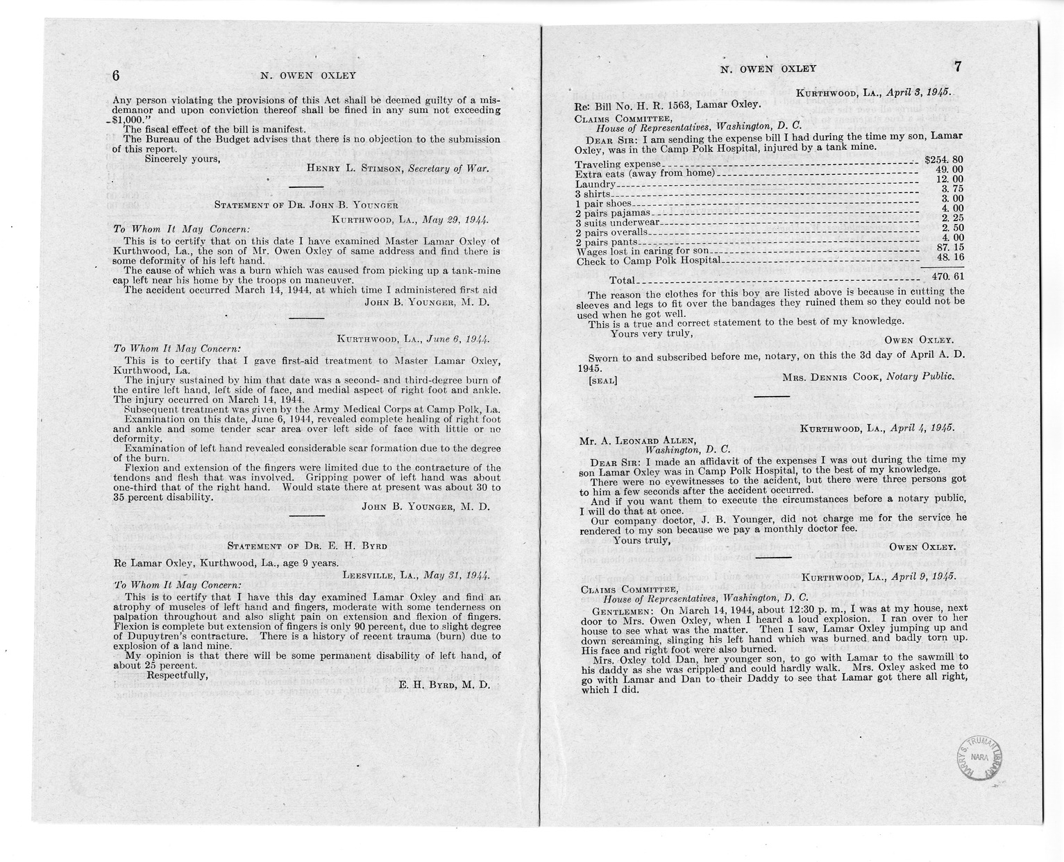 Memorandum from Harold D. Smith to M. C. Latta, H.R. 1563, For the Relief of N. Owen Oxley and the Legal Guardian of Lamar Oxley, a Minor, with Attachments